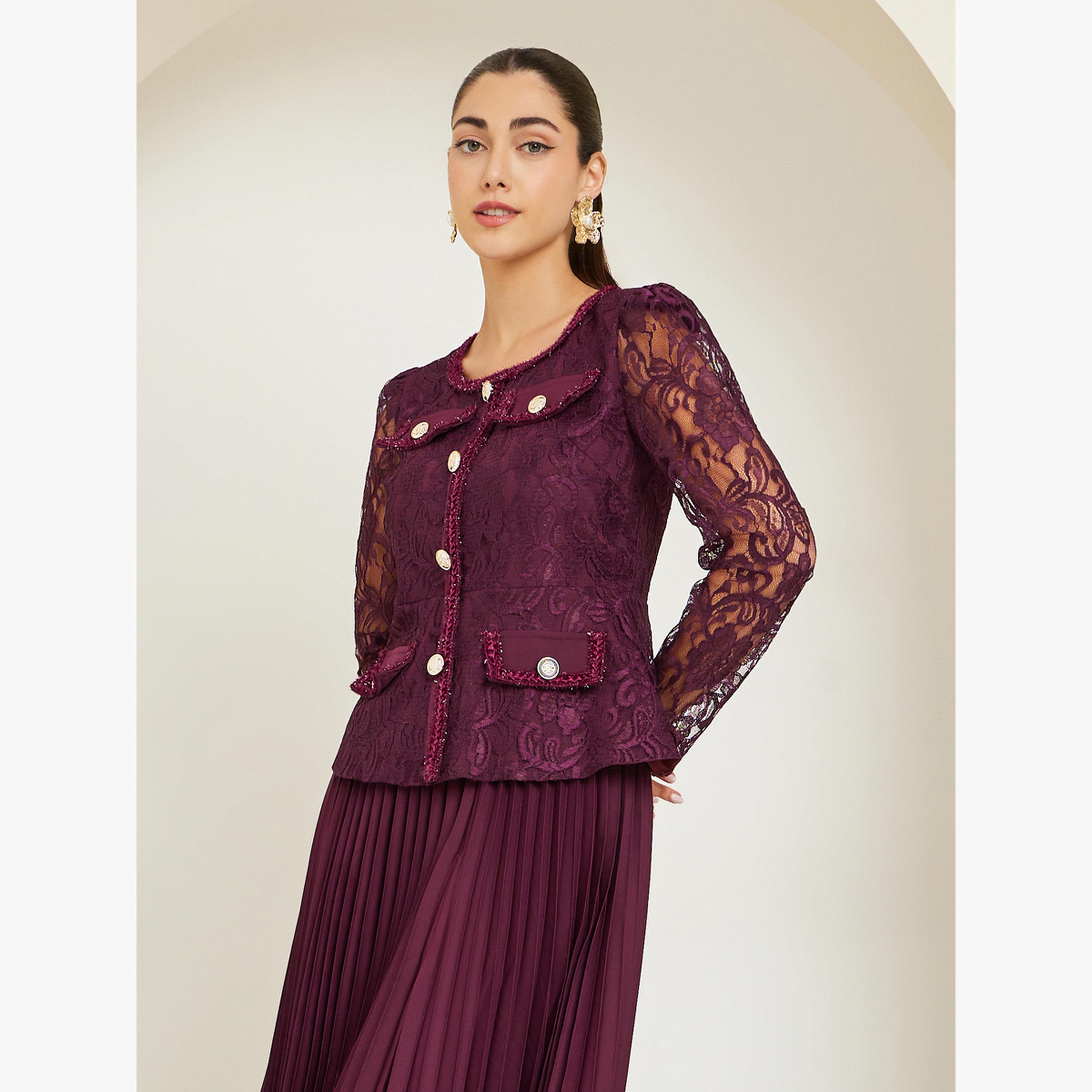 طقم منسق من تنورة بكسرات وبلوزة بتفاصيل دانتيل-women-clothing-coordsets-image-3