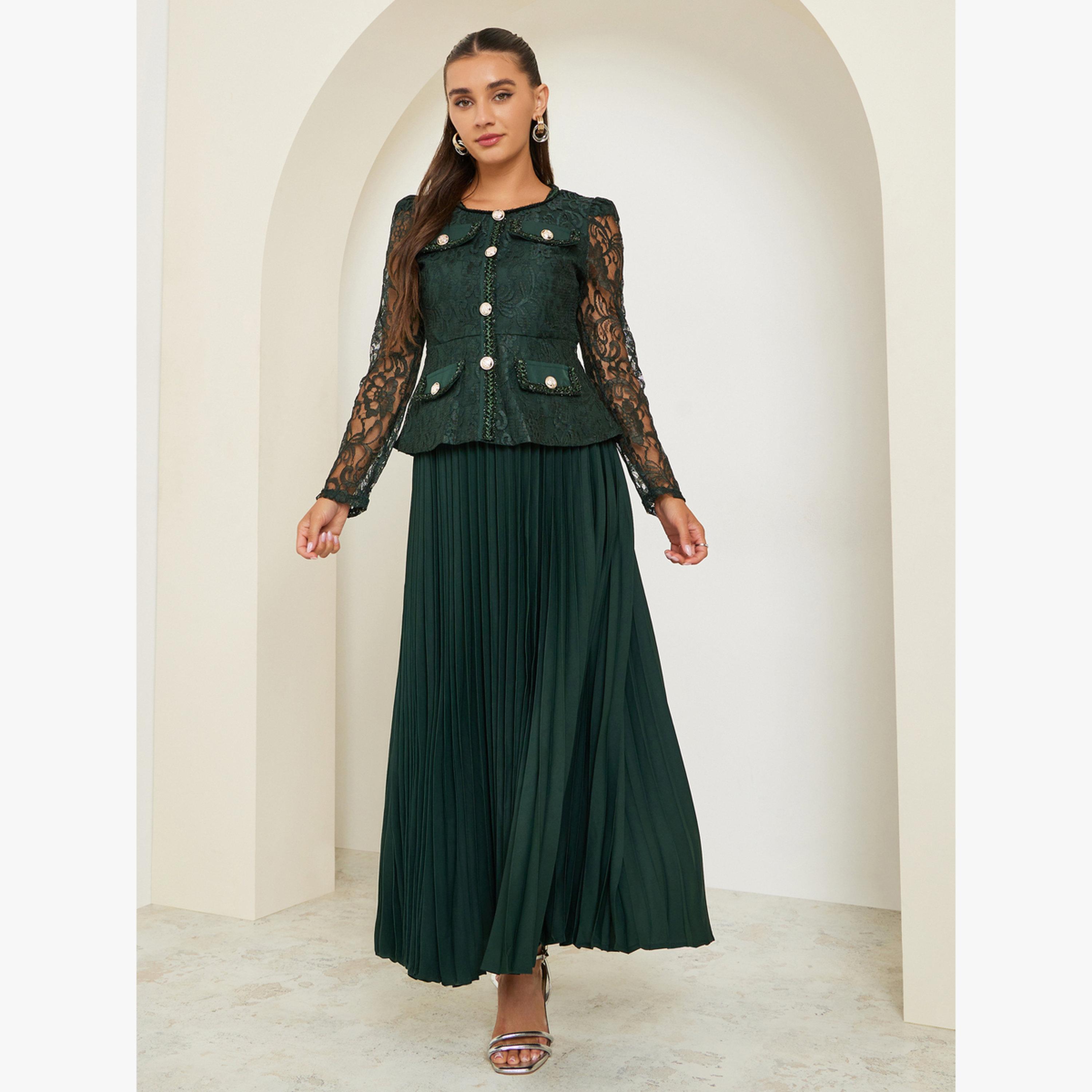 طقم منسق من تنورة بكسرات وبلوزة بتفاصيل دانتيل-women-clothing-coordsets-image-1