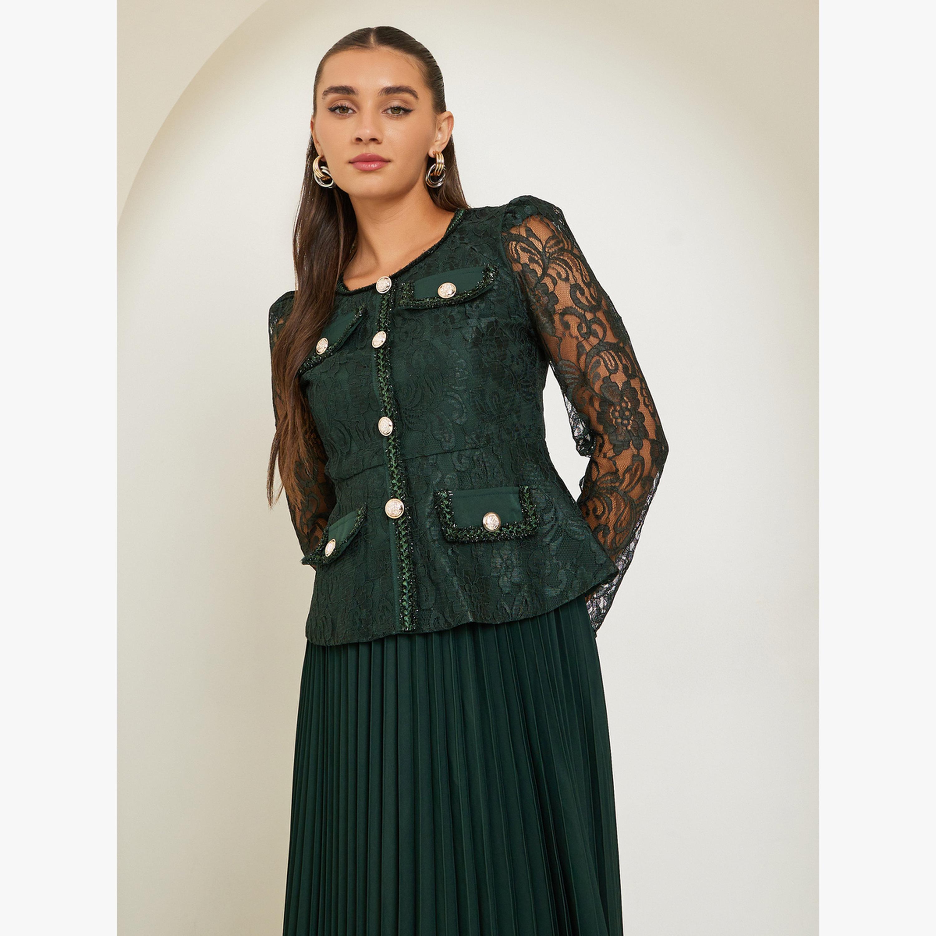 طقم منسق من تنورة بكسرات وبلوزة بتفاصيل دانتيل-women-clothing-coordsets-image-2