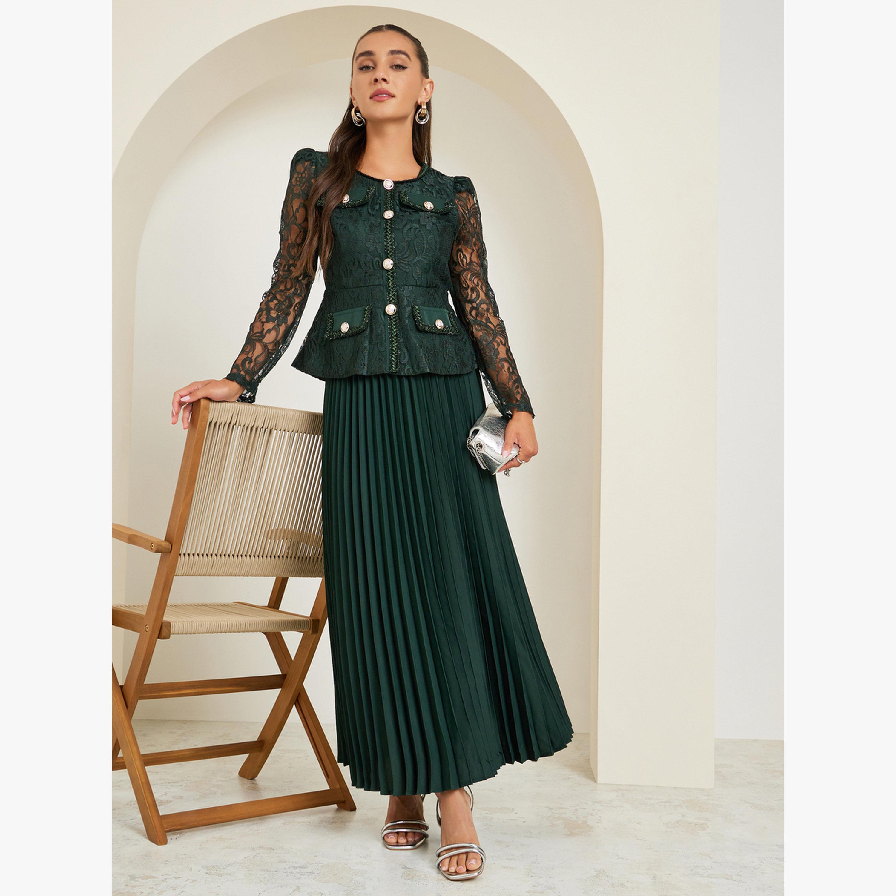 طقم منسق من تنورة بكسرات وبلوزة بتفاصيل دانتيل-women-clothing-coordsets-image-3