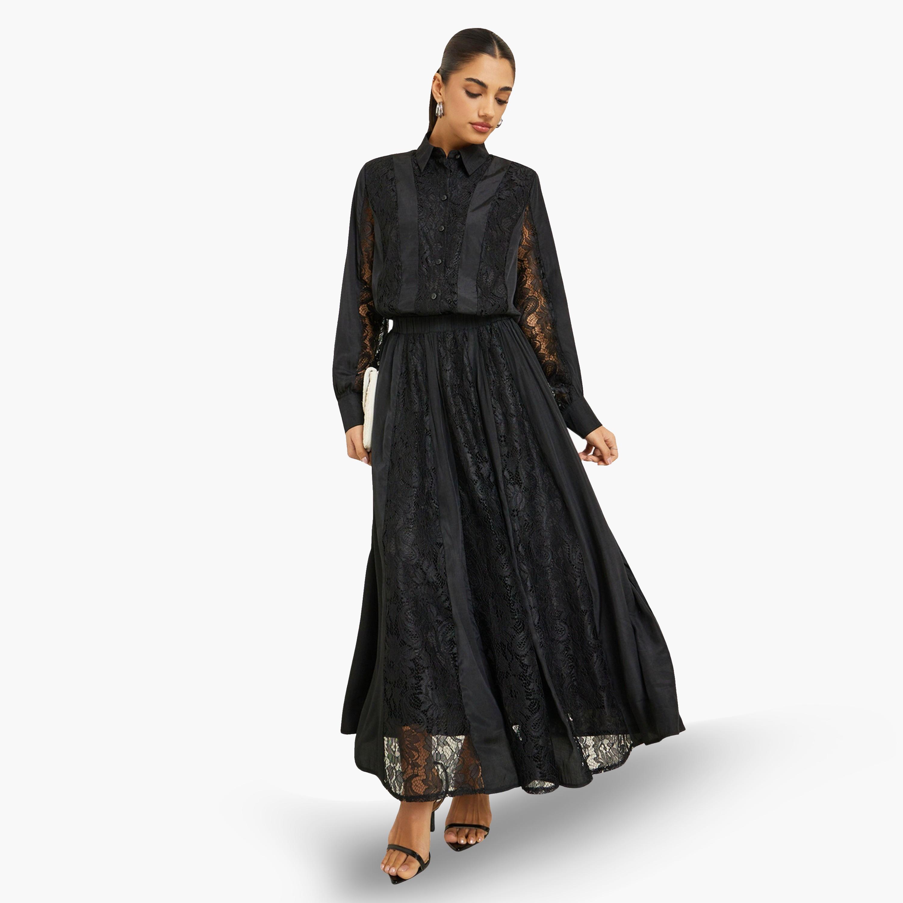 Styli Women Black Lace Top with Maxi Skirt Co-Ords-women-clothing-coordsets-image-1