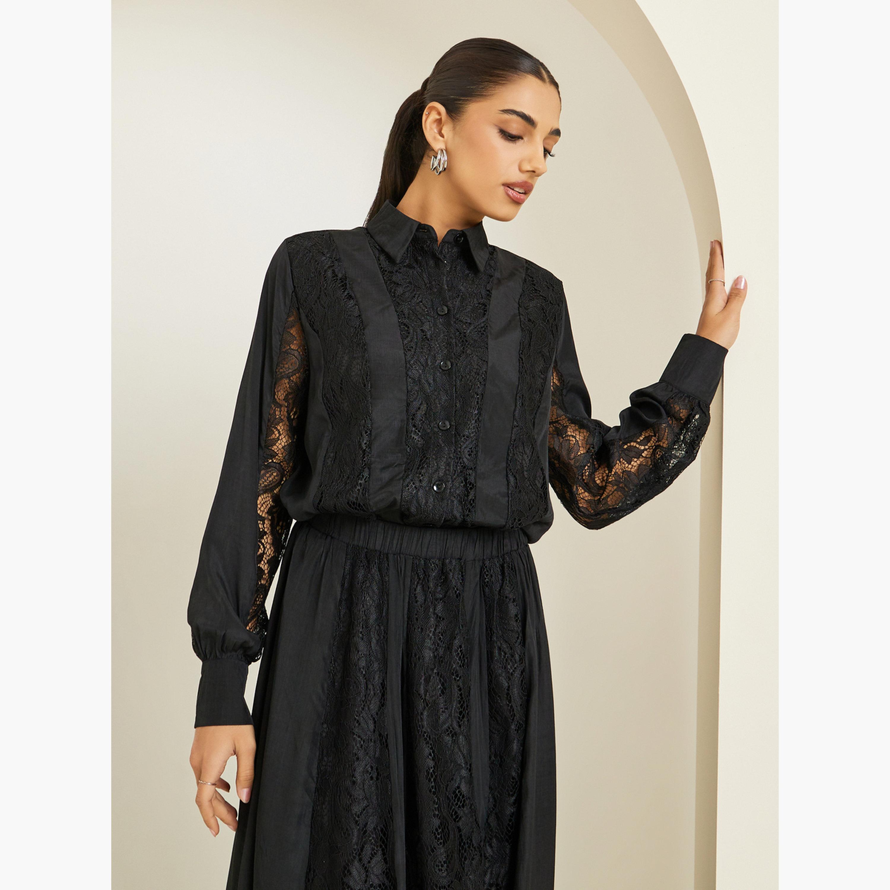 طقم منسق من تنورة طويلة وبلوزة بتفاصيل دانتيل-women-clothing-coordsets-image-2
