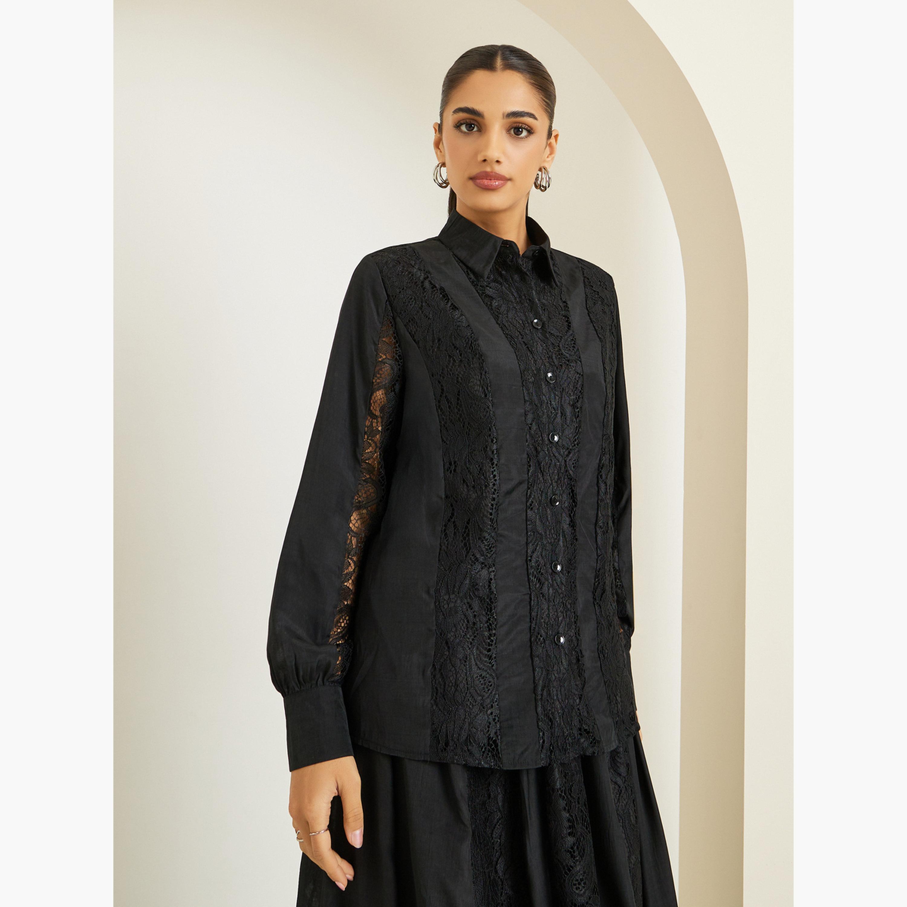 طقم منسق من تنورة طويلة وبلوزة بتفاصيل دانتيل-women-clothing-coordsets-image-3