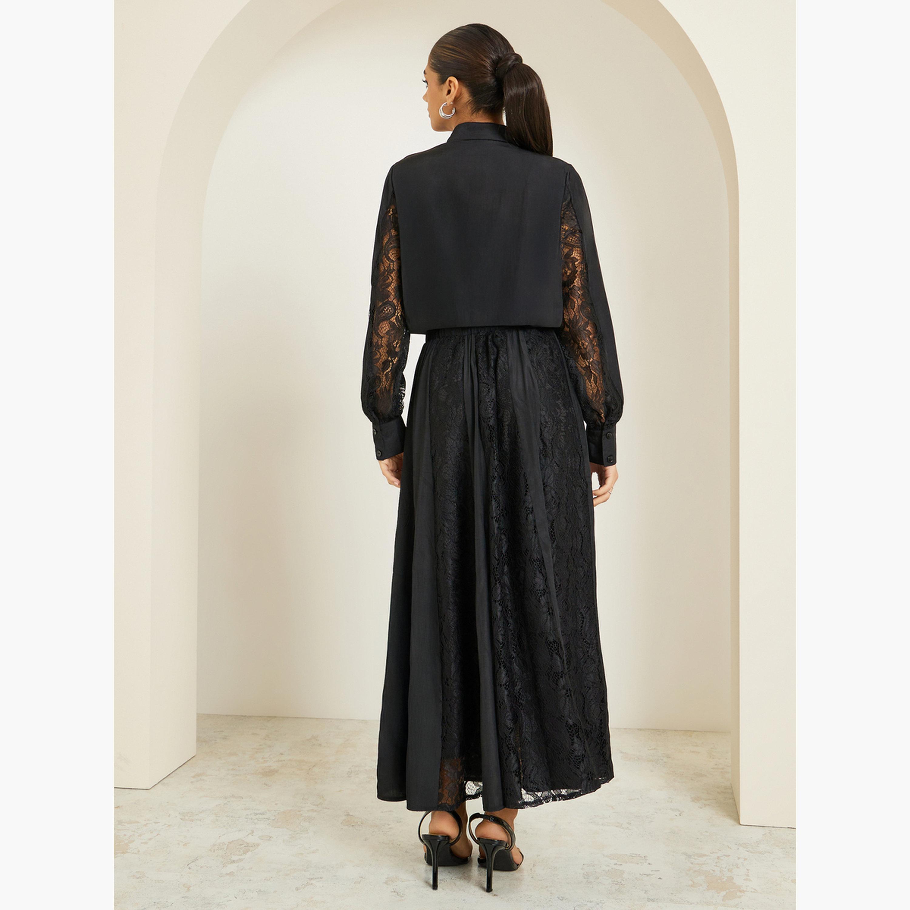 طقم منسق من تنورة طويلة وبلوزة بتفاصيل دانتيل-women-clothing-coordsets-image-4