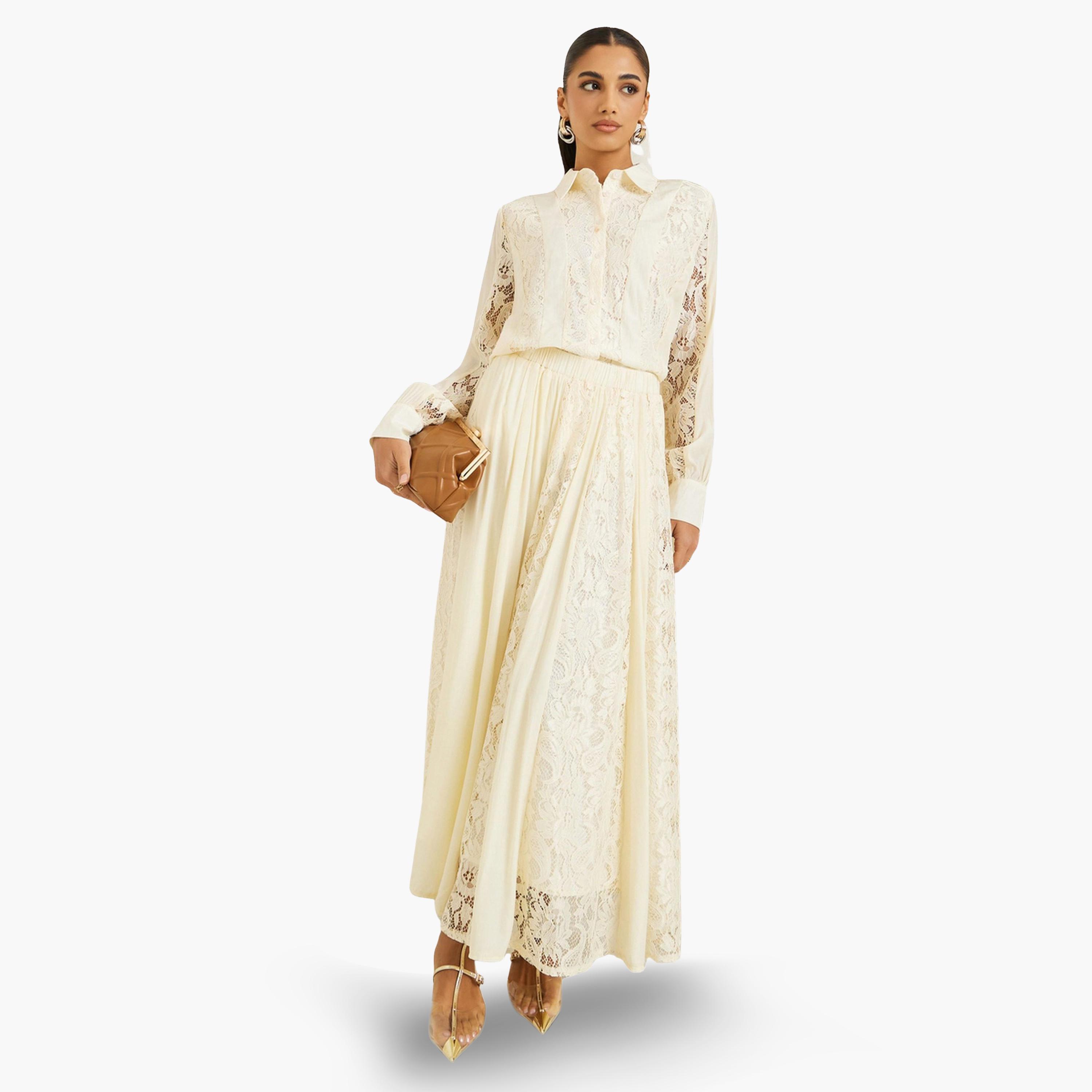 Styli Women Off White Lace Top and Skirts Co-Ords-women-clothing-coordsets-image-1