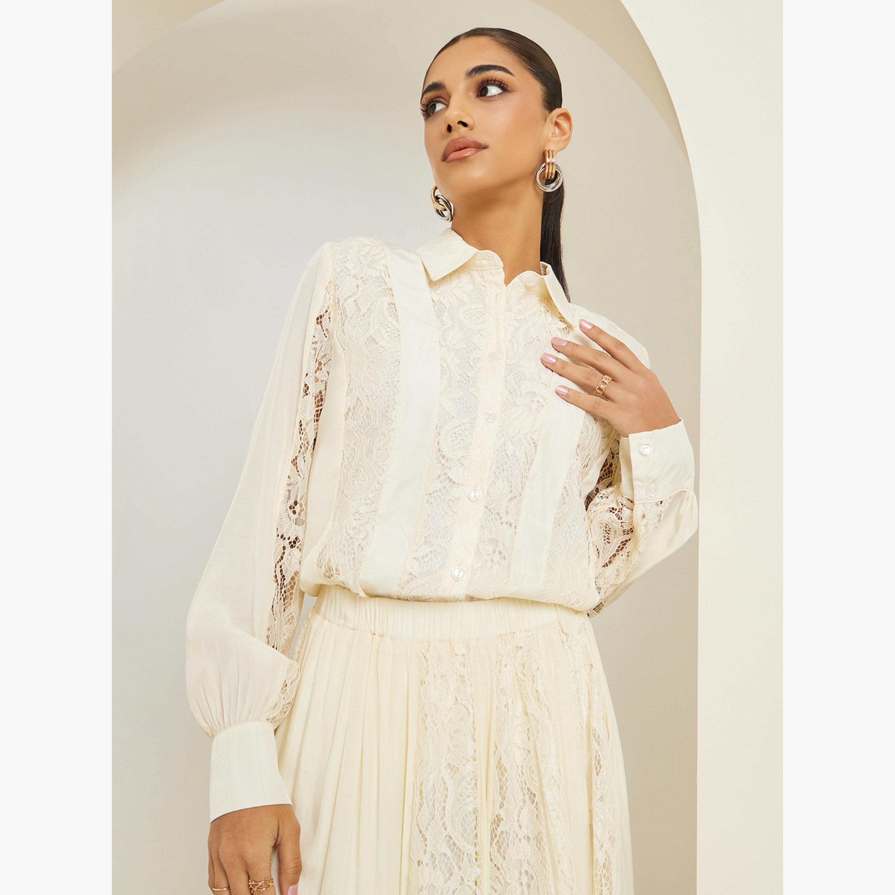 طقم منسق من تنورة وبلوزة بتفاصيل دانتيل-women-clothing-coordsets-image-3