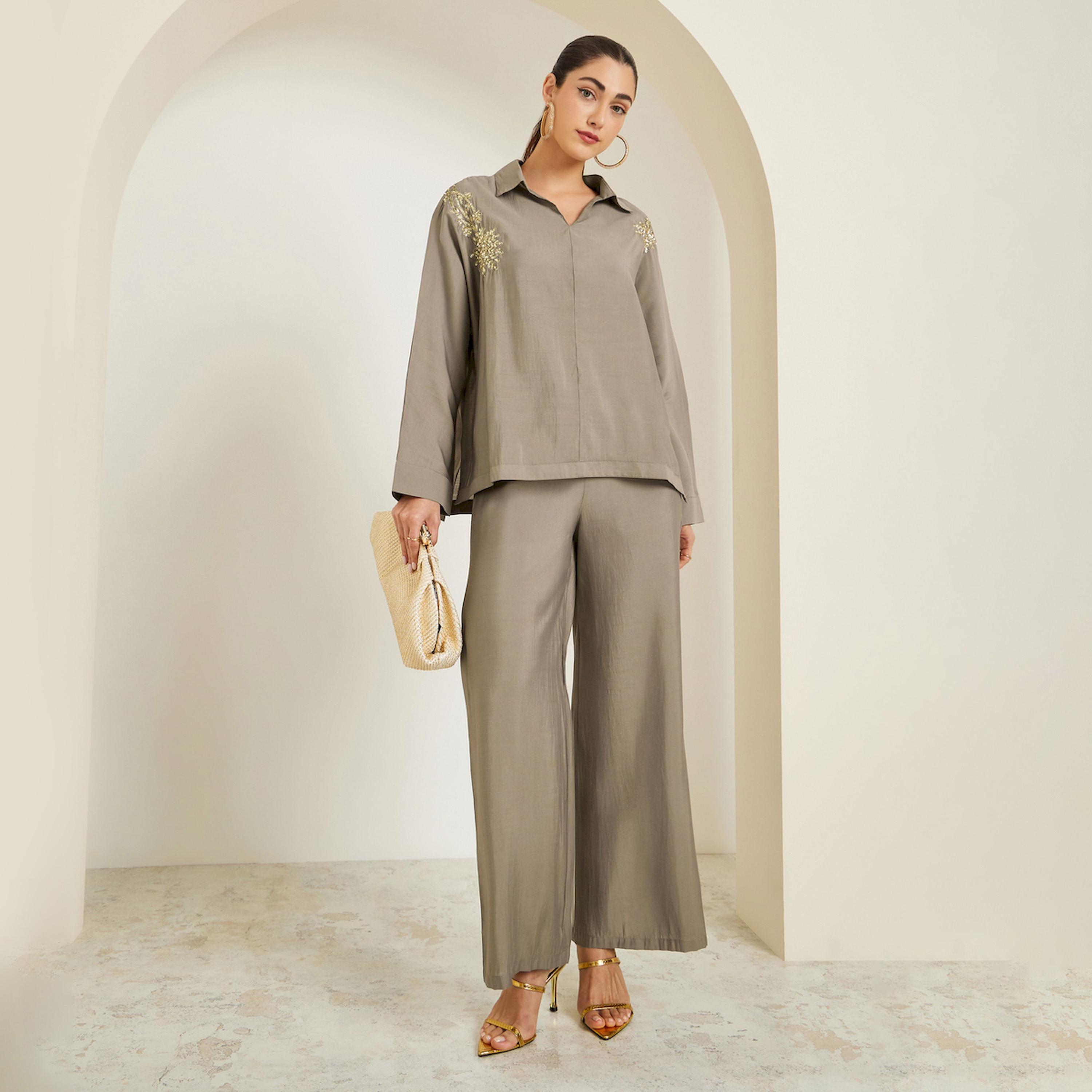 Styli Brown Sequin Detail Top and Pants Co-Ords-women-clothing-coordsets-image-1