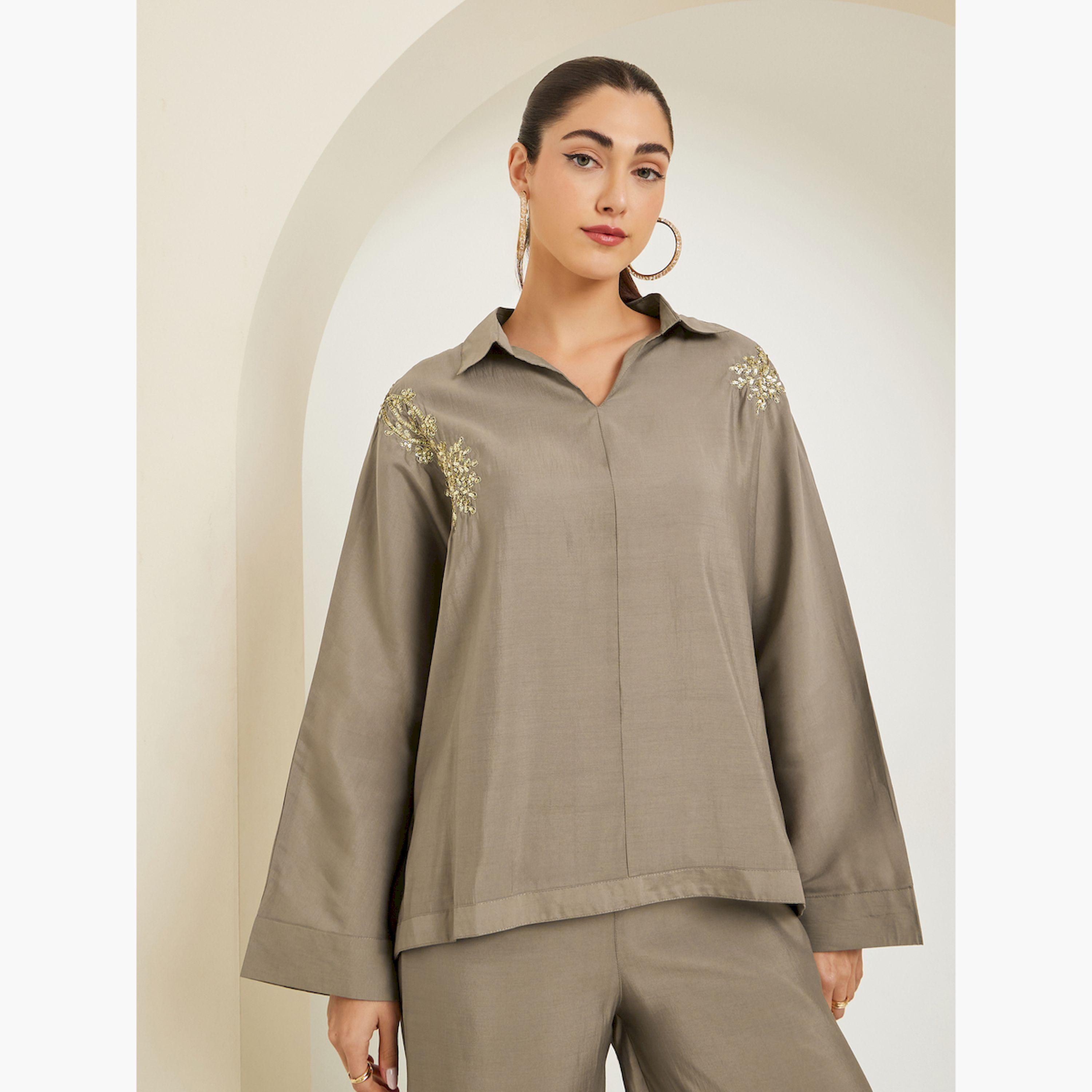 Styli Brown Sequin Detail Top and Pants Co-Ords-women-clothing-coordsets-image-2