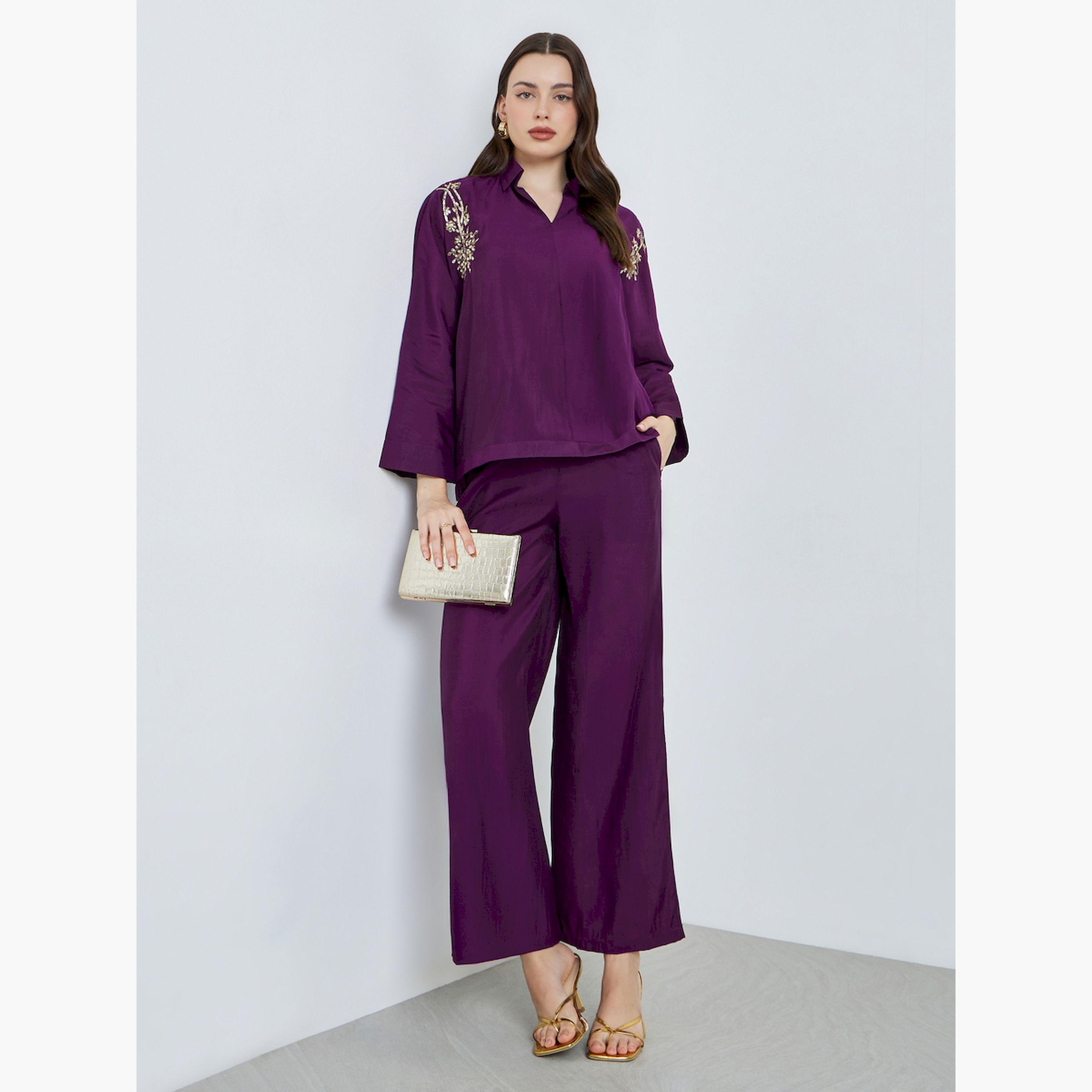 طقم منسق من بلوزة وبنطال منمق بالترتر-women-clothing-coordsets-image-1