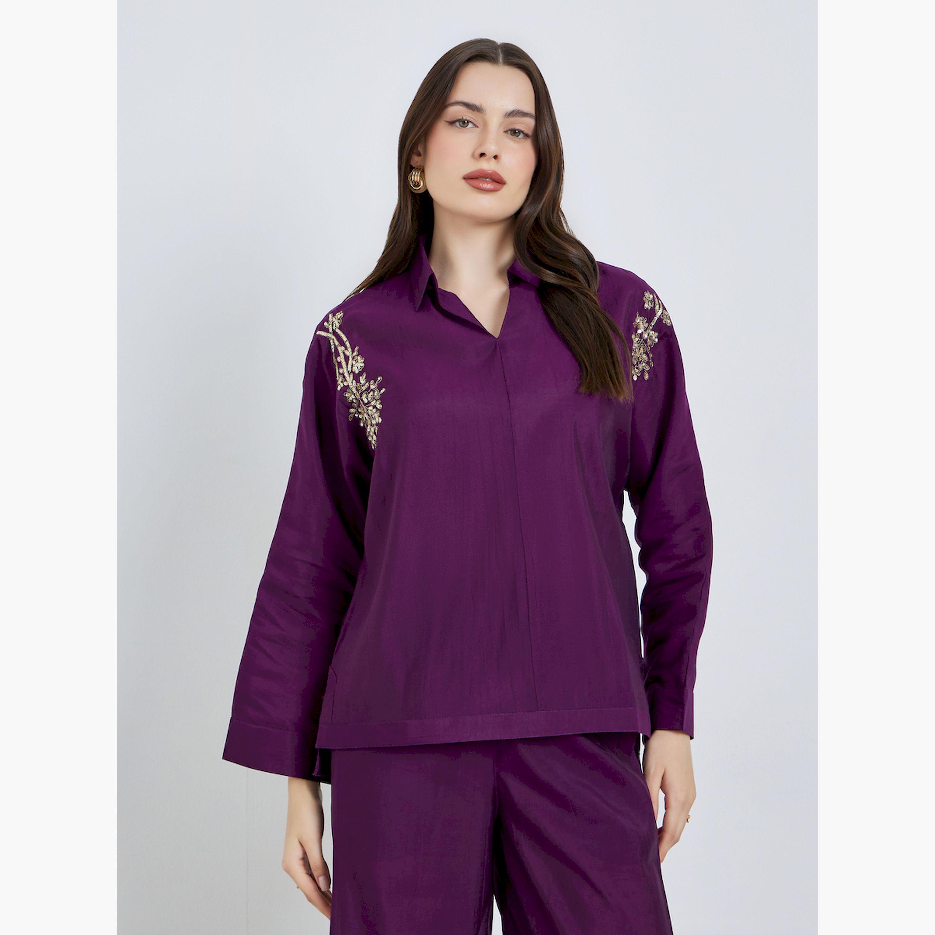 طقم منسق من بلوزة وبنطال منمق بالترتر-women-clothing-coordsets-image-2