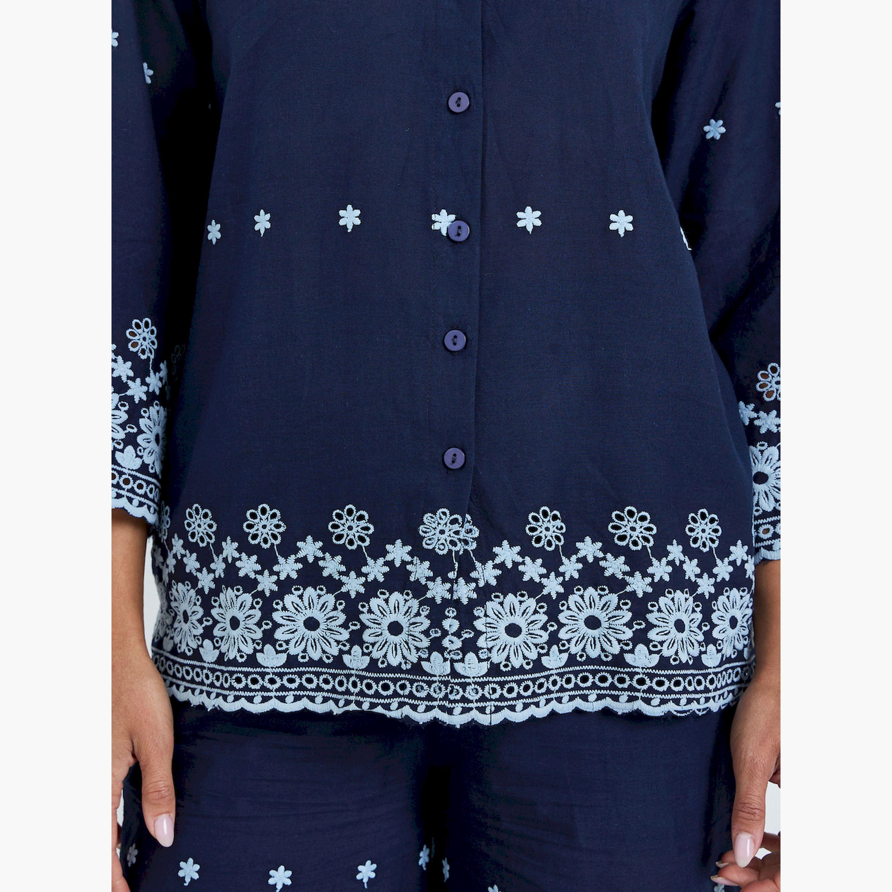 طقم منسق من بنطال وبلوزة بتفاصيل مُطرّزة-women-clothing-coordsets-image-3