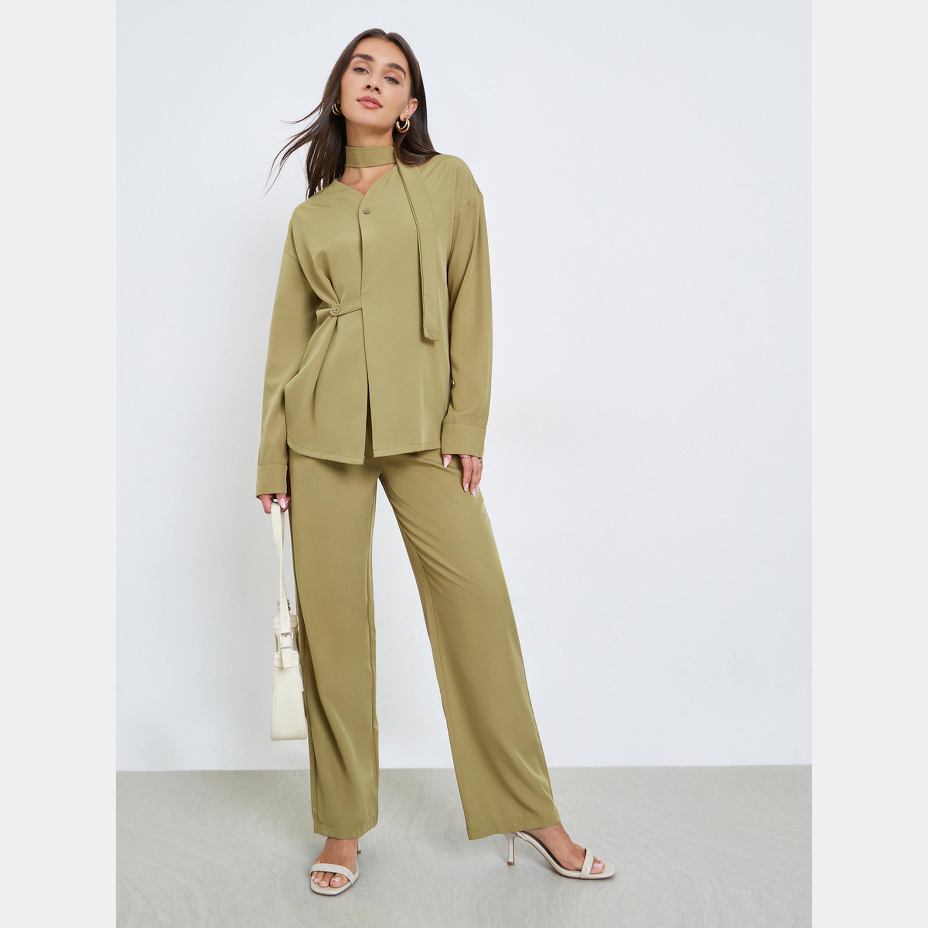 Styli Olive Wrap Front Shirt and Trousers Co-ords-women-clothing-coordsets-image-1