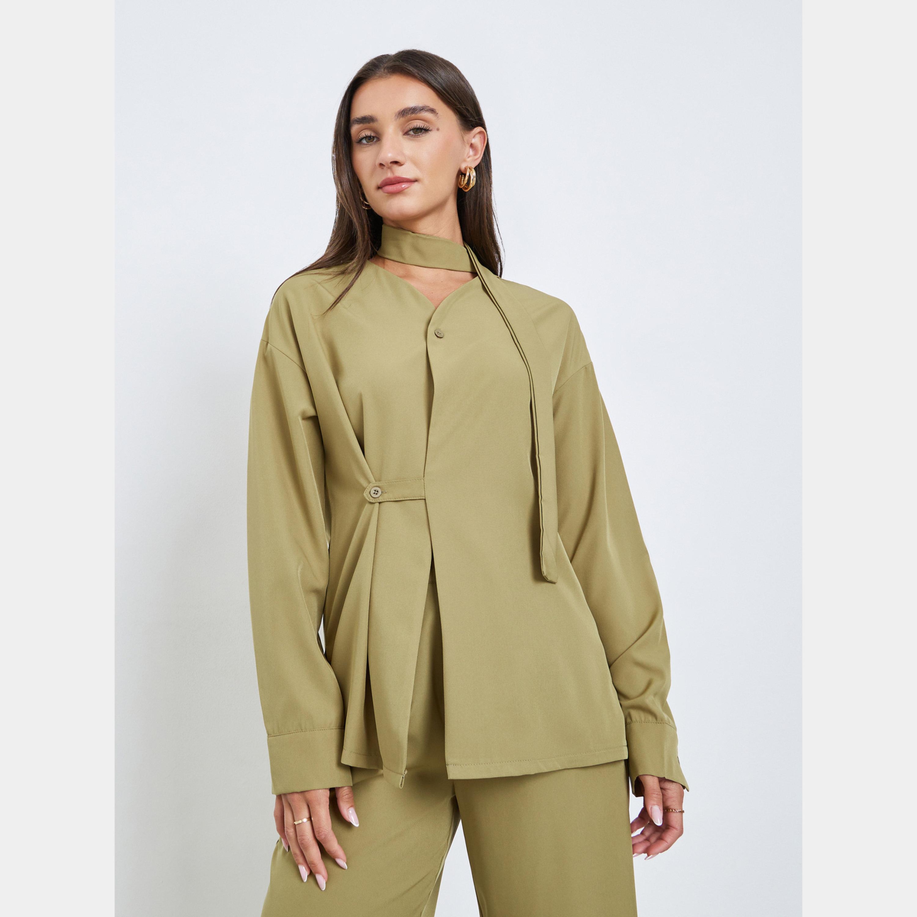 Styli Olive Wrap Front Shirt and Trousers Co-ords-women-clothing-coordsets-image-2