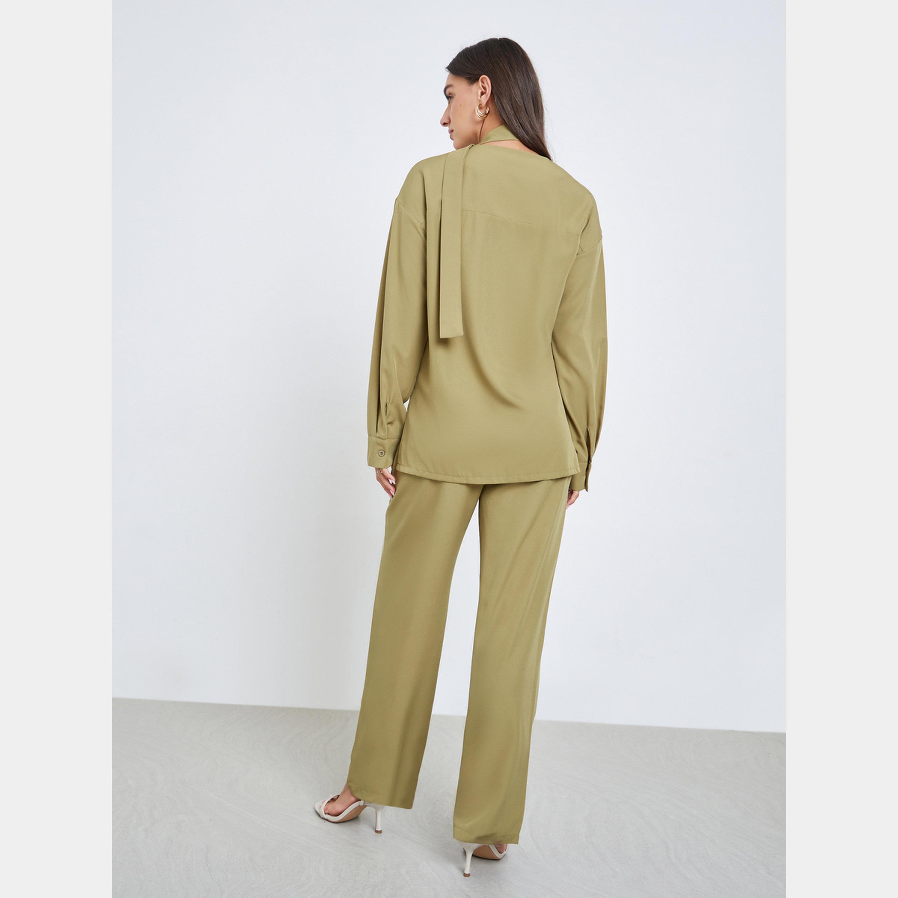 ستايلي - قميص وبنطال لف لون زيتوني-women-clothing-coordsets-image-6