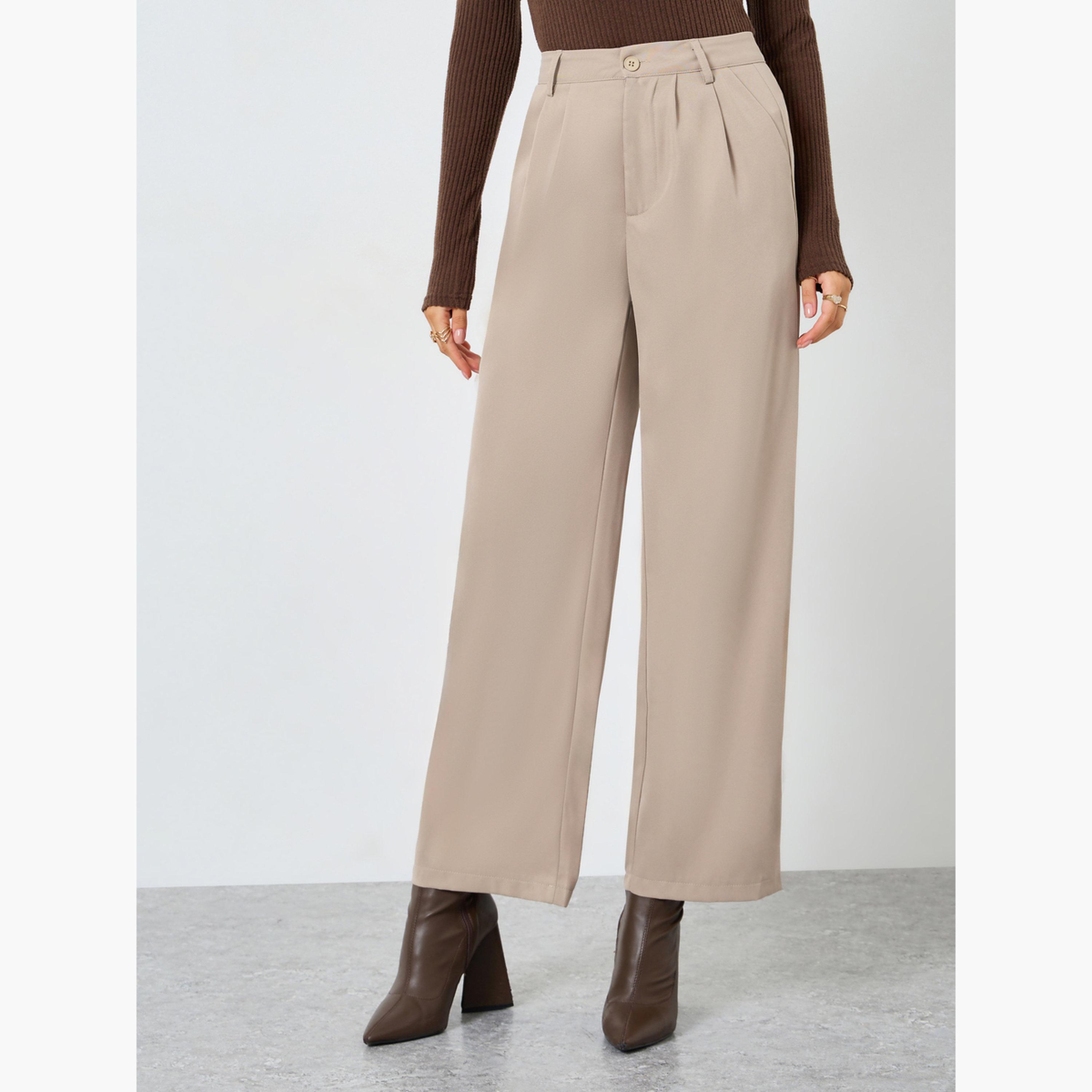 Styli Khaki Solid Wide Leg Pants-women-clothing-bottoms-trousers-image-1