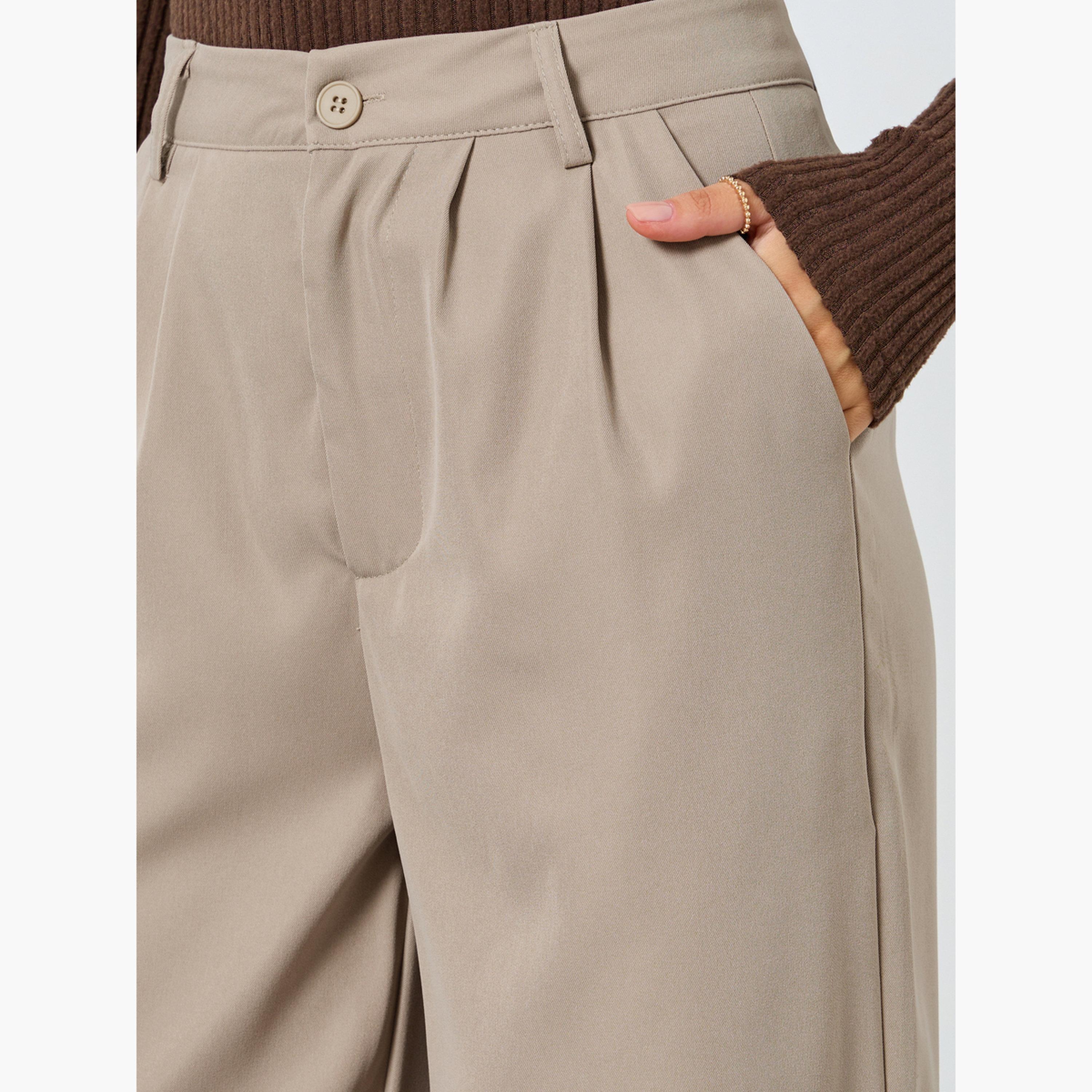 Styli Khaki Solid Wide Leg Pants-women-clothing-bottoms-trousers-image-3
