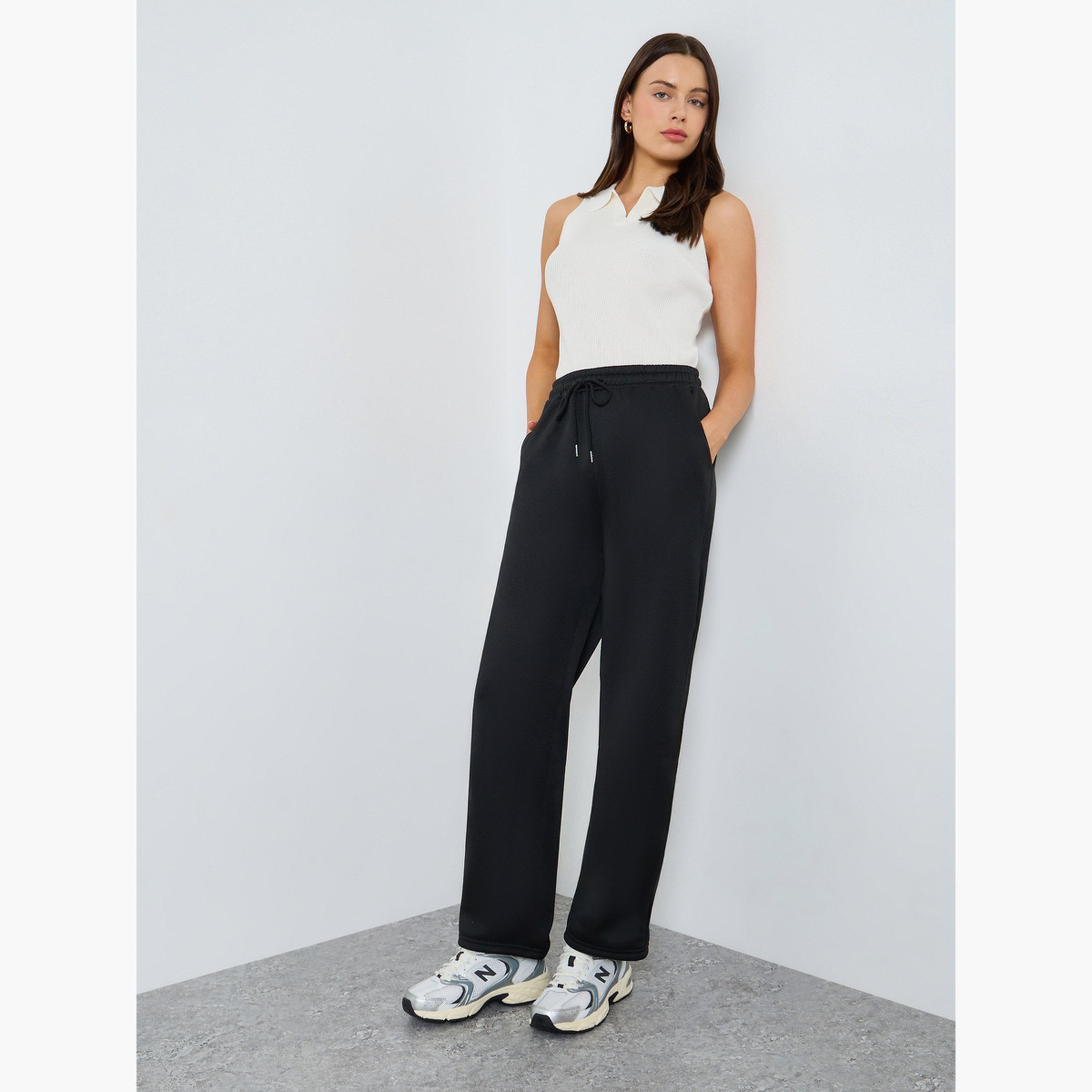 Styli Black Solid Wide Leg Knit Joggers-women-clothing-bottoms-joggers-image-2