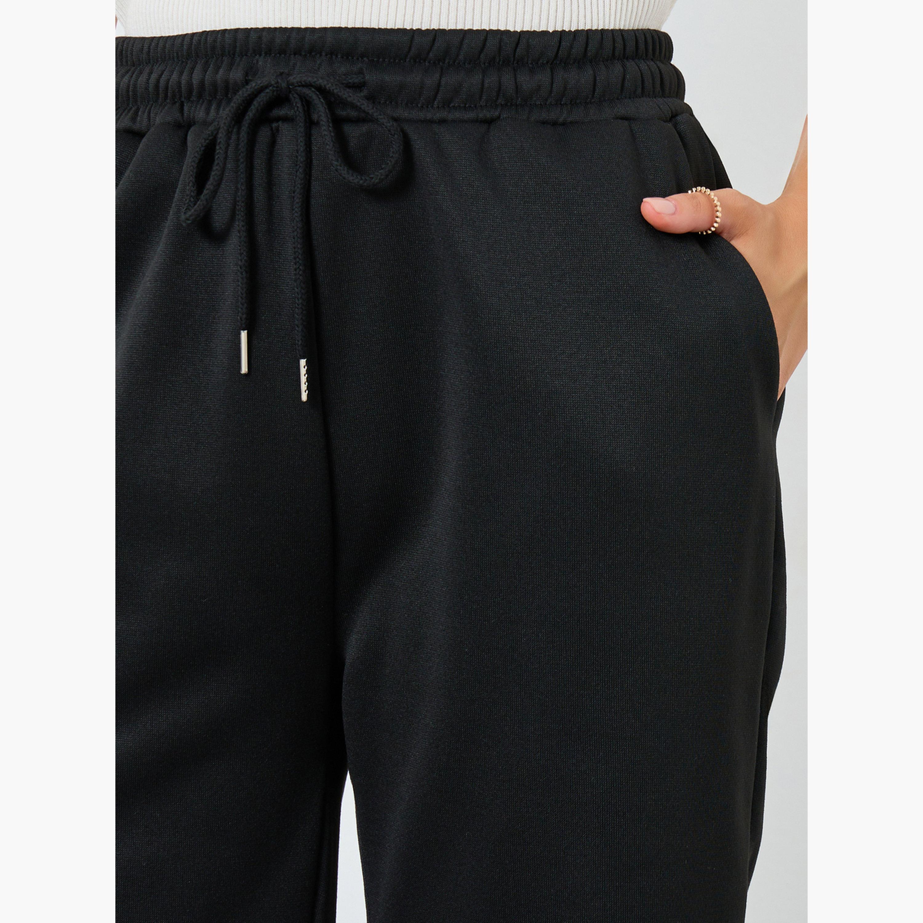 Styli Black Solid Wide Leg Knit Joggers-women-clothing-bottoms-joggers-image-3