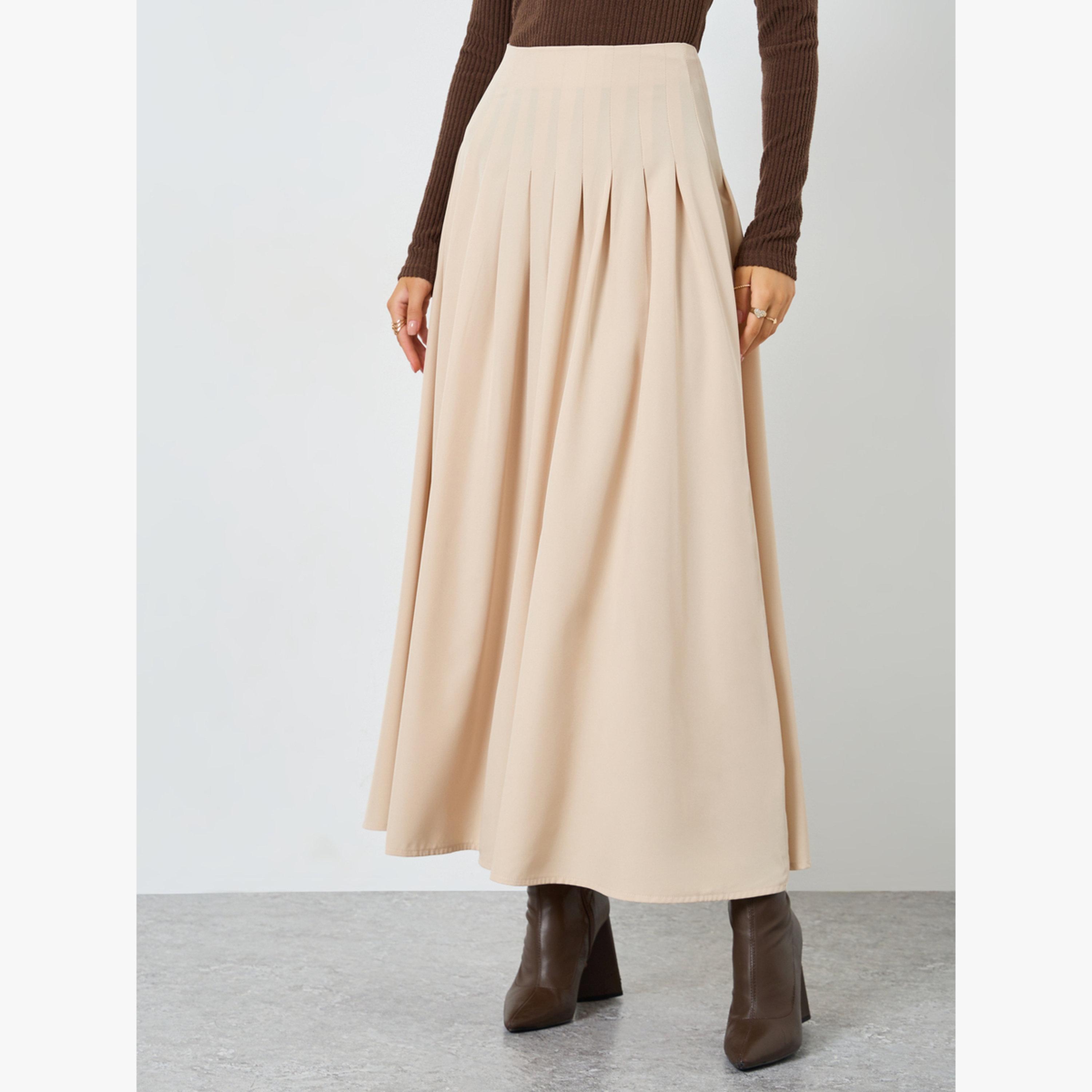 Styli Beige Solid A-Line Pleated Maxi Skirt-women-clothing-bottoms-skirts-image-1