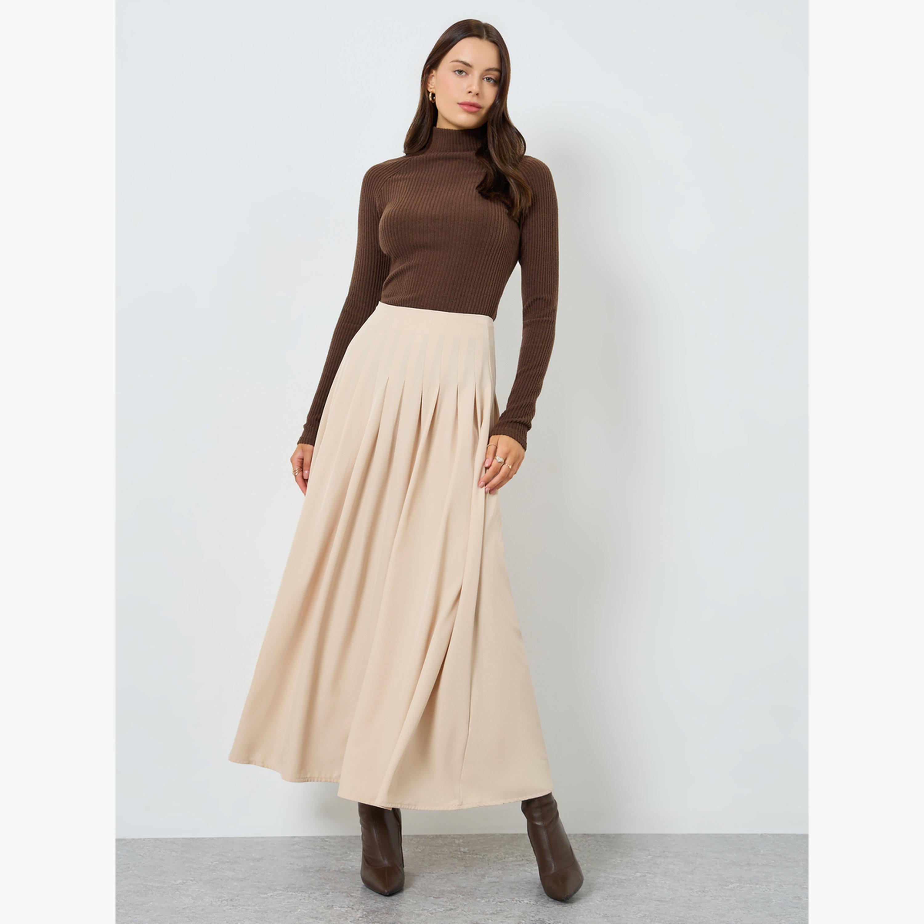 تنورة طويلة سادة بحافة واسعة وكسرات-women-clothing-bottoms-skirts-image-2