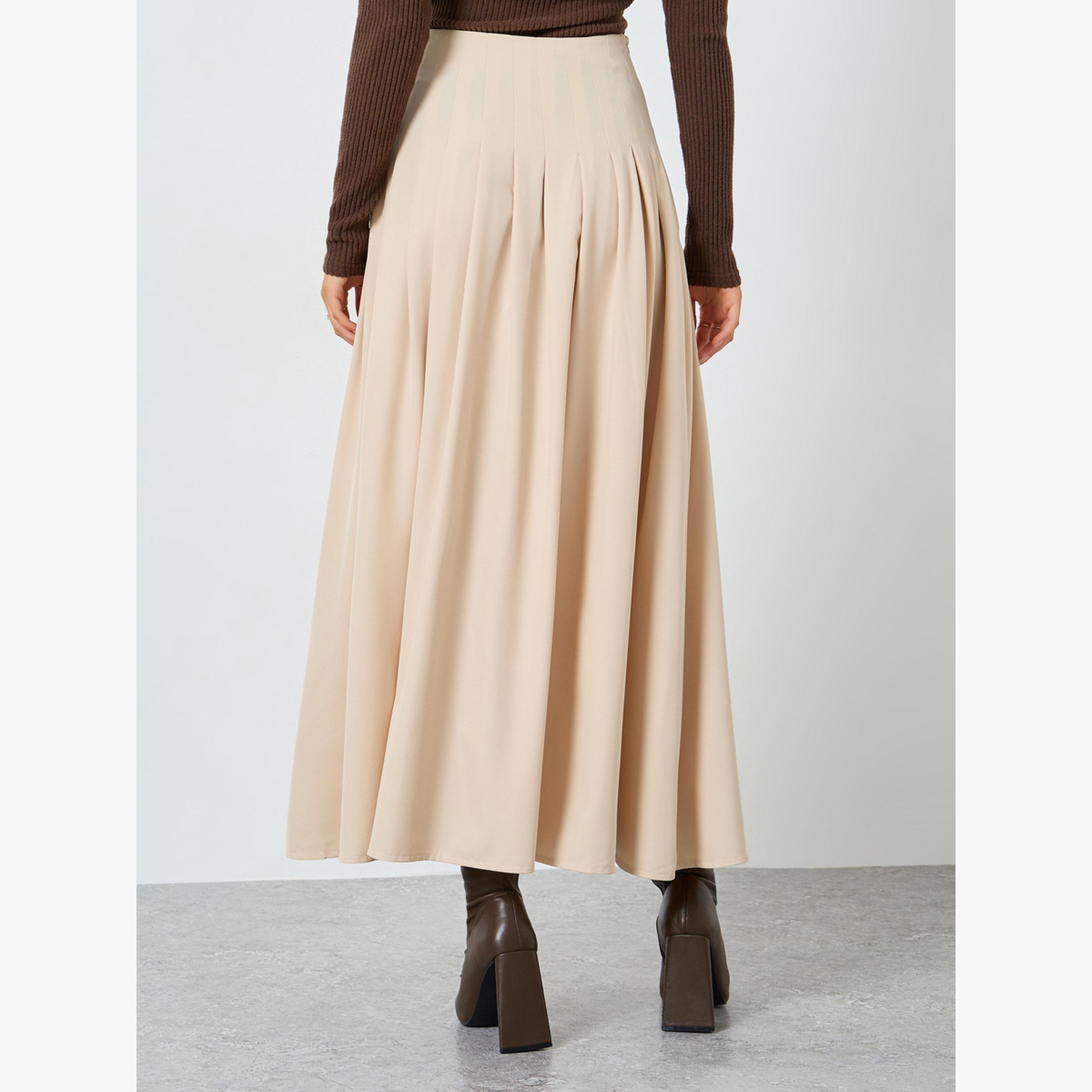 Styli Beige Solid A-Line Pleated Maxi Skirt-women-clothing-bottoms-skirts-image-3
