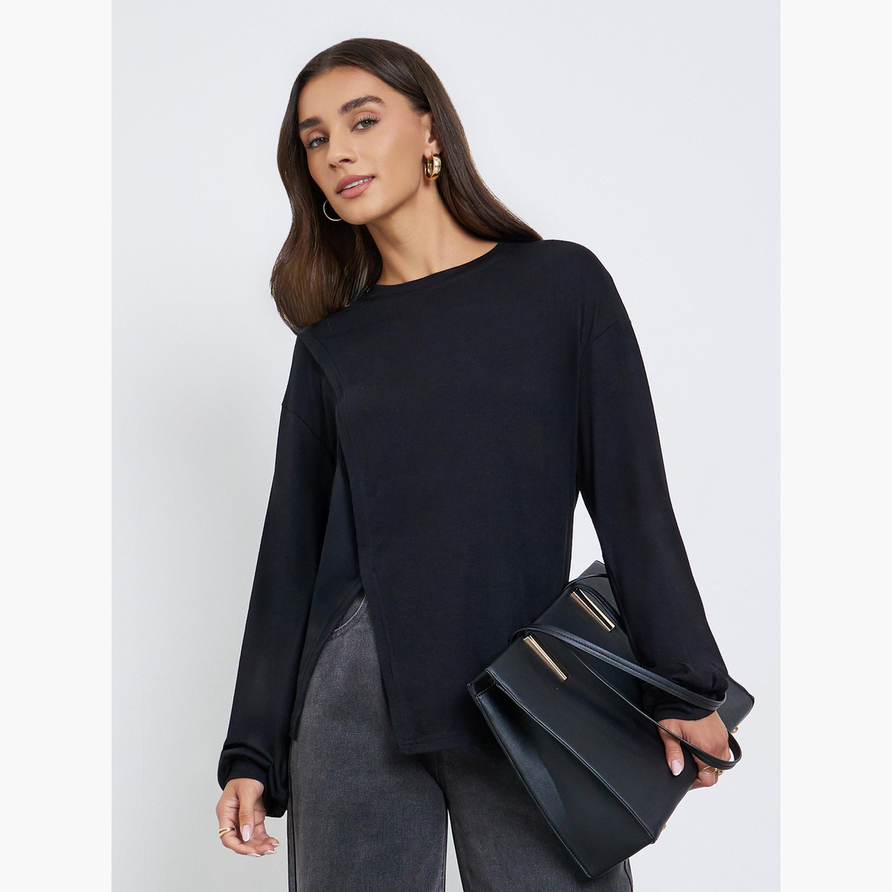 ستايلي - تي شيرت أسود مقاس واسع بأكمام طويلة وفتحة جانبية-women-clothing-tshirts-image-1