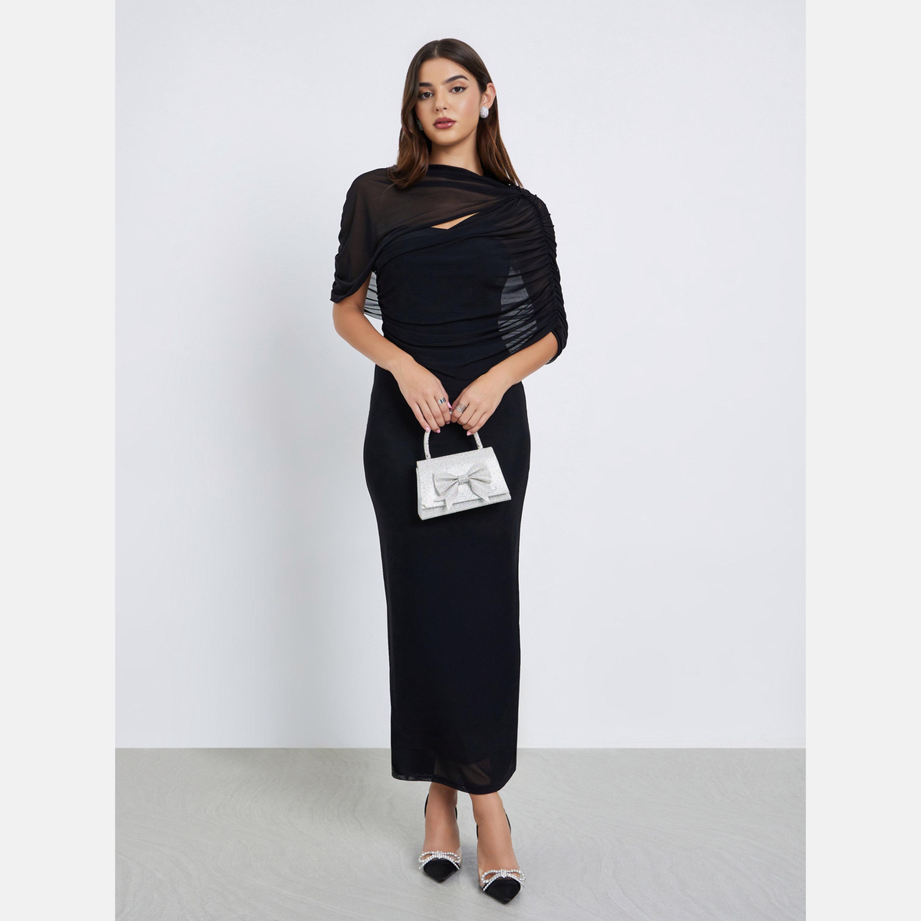 ستايلي - فستان متوسط الطول ضيق بأكمام طويلة باللون الأسود-women-clothing-dresses-image-1