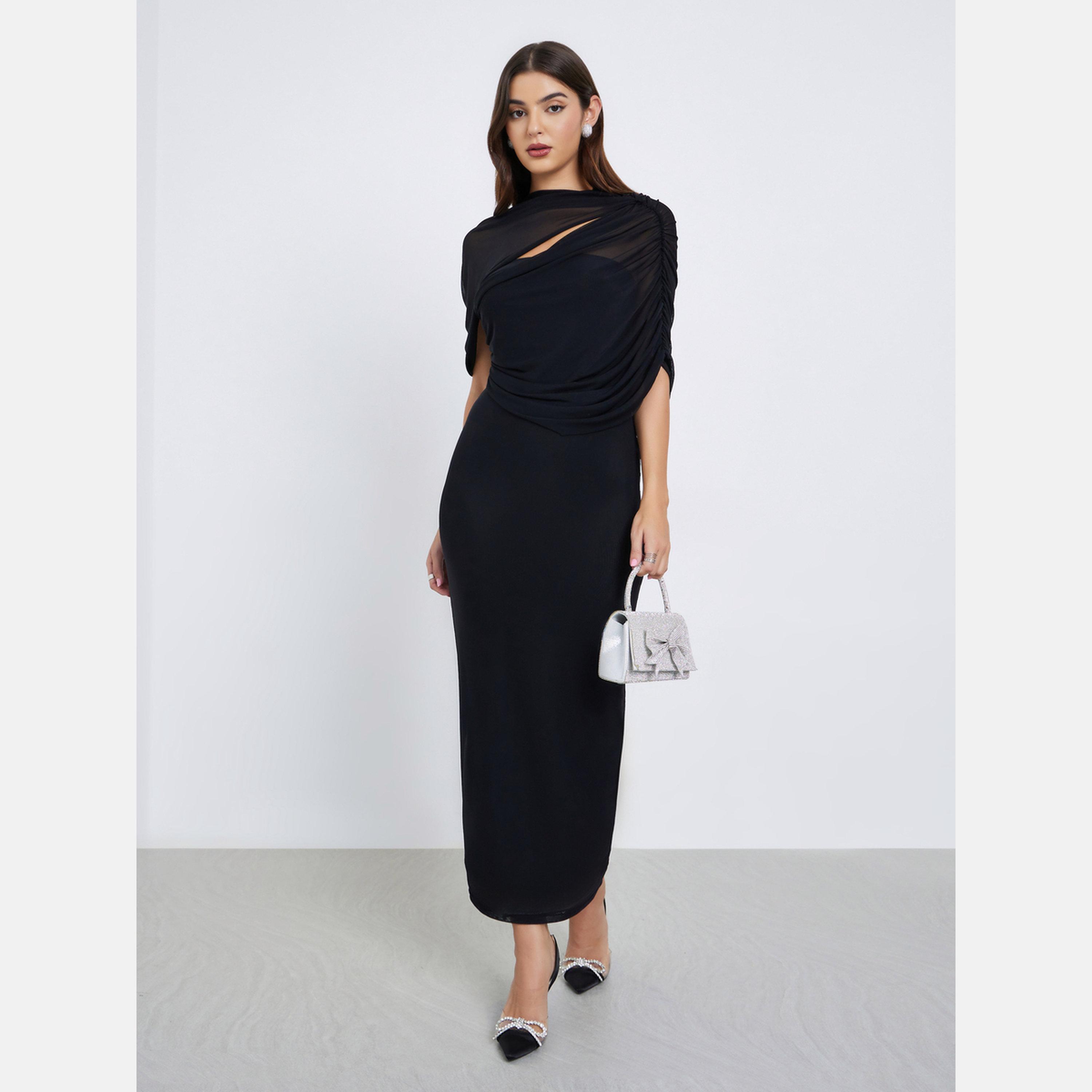 Styli Black Cape Sleeve Bodycon Midi Dress-women-clothing-dresses-image-2