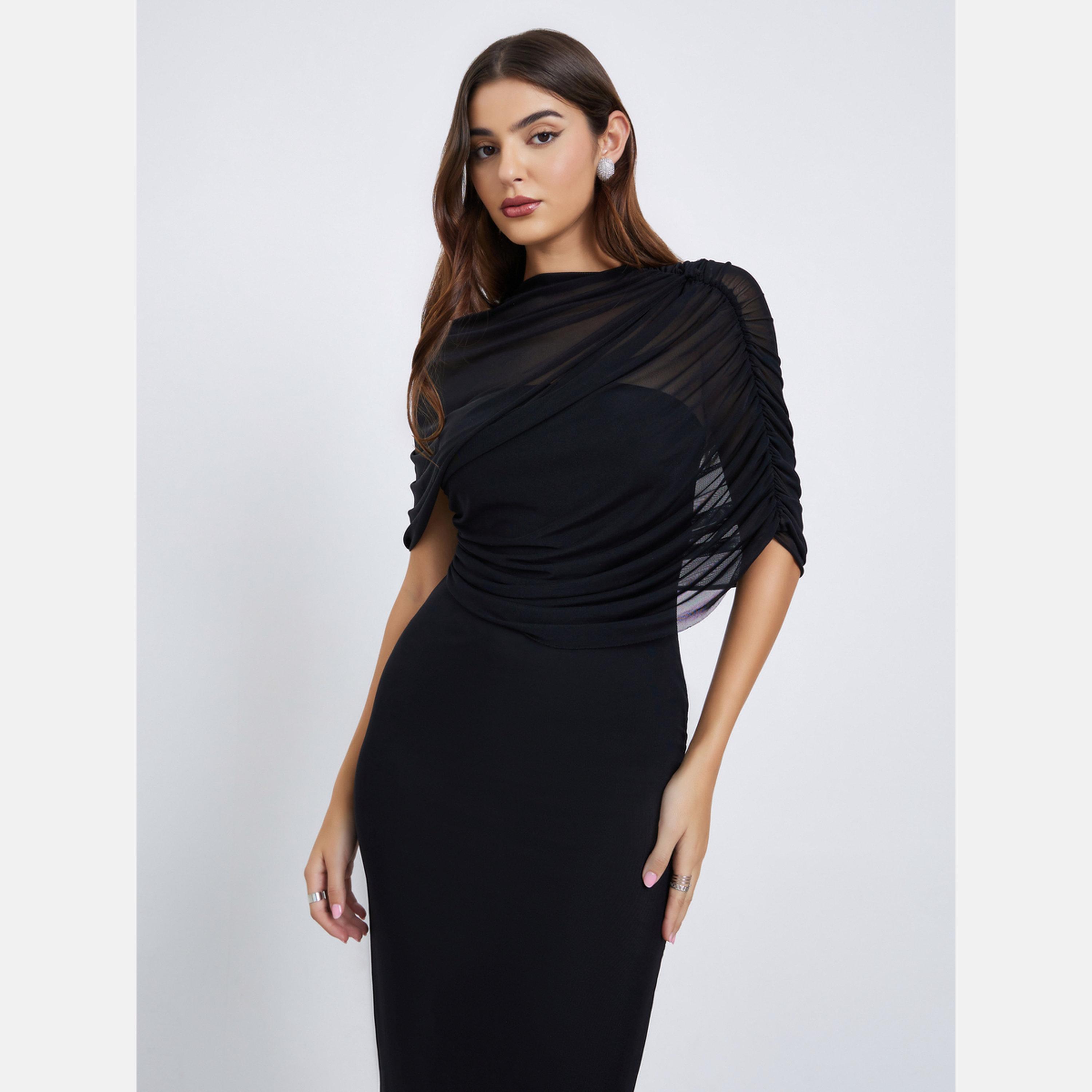 ستايلي - فستان متوسط الطول ضيق بأكمام طويلة باللون الأسود-women-clothing-dresses-image-3