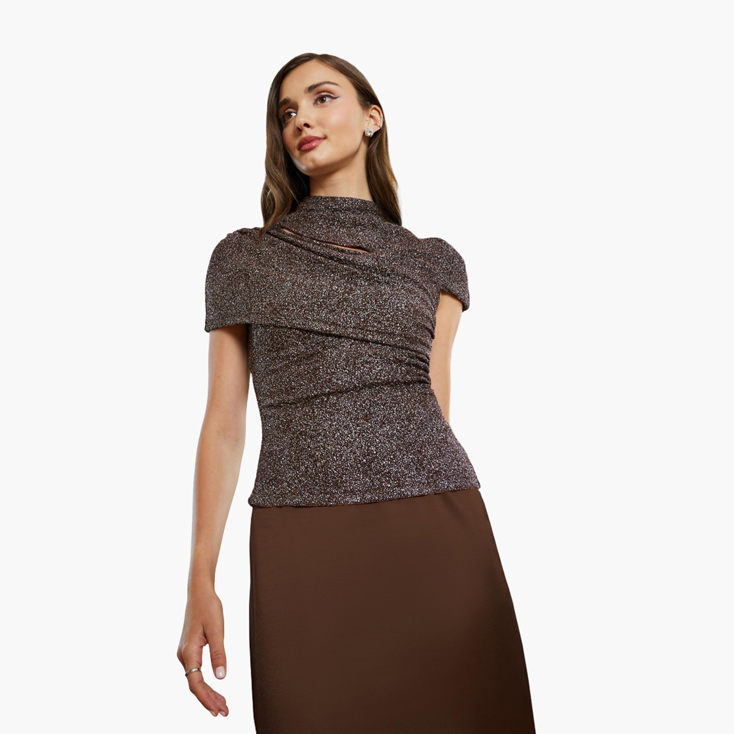 Styli Women Brown Shimmer Knit Top-women-clothing-shirtsandblouses-blouses-image-1