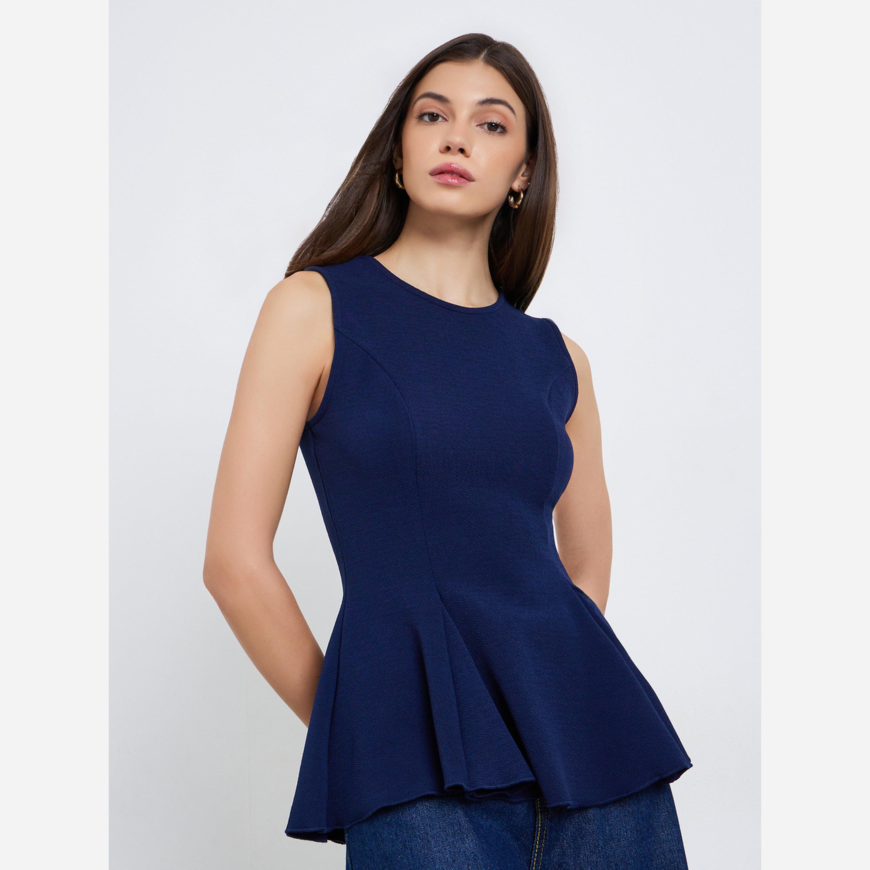 ستايلي - بلوزة محبوكة للنساء لون أزرق داكن بكتف واحد-women-clothing-shirtsandblouses-blouses-image-1
