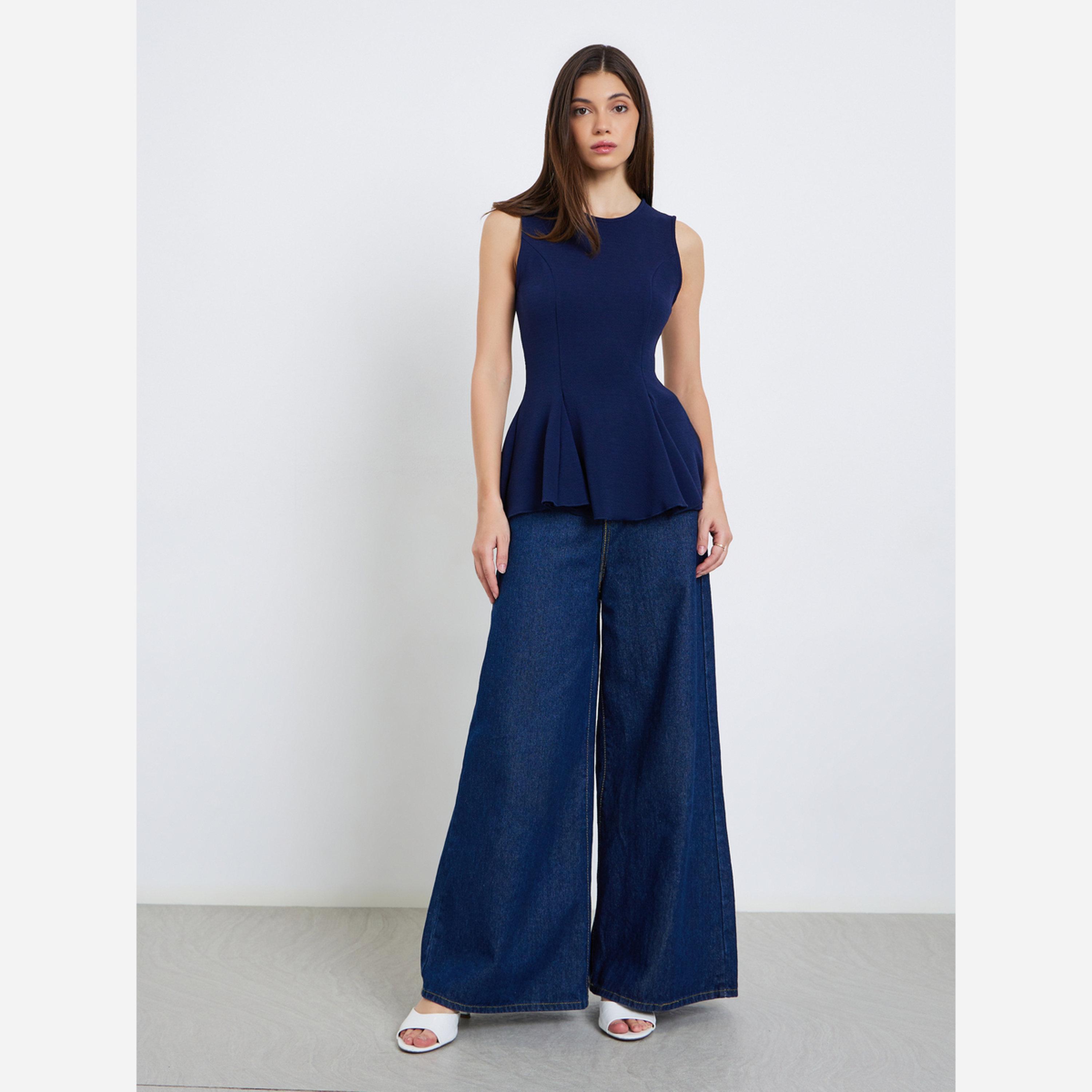 ستايلي - بلوزة محبوكة للنساء لون أزرق داكن بكتف واحد-women-clothing-shirtsandblouses-blouses-image-2