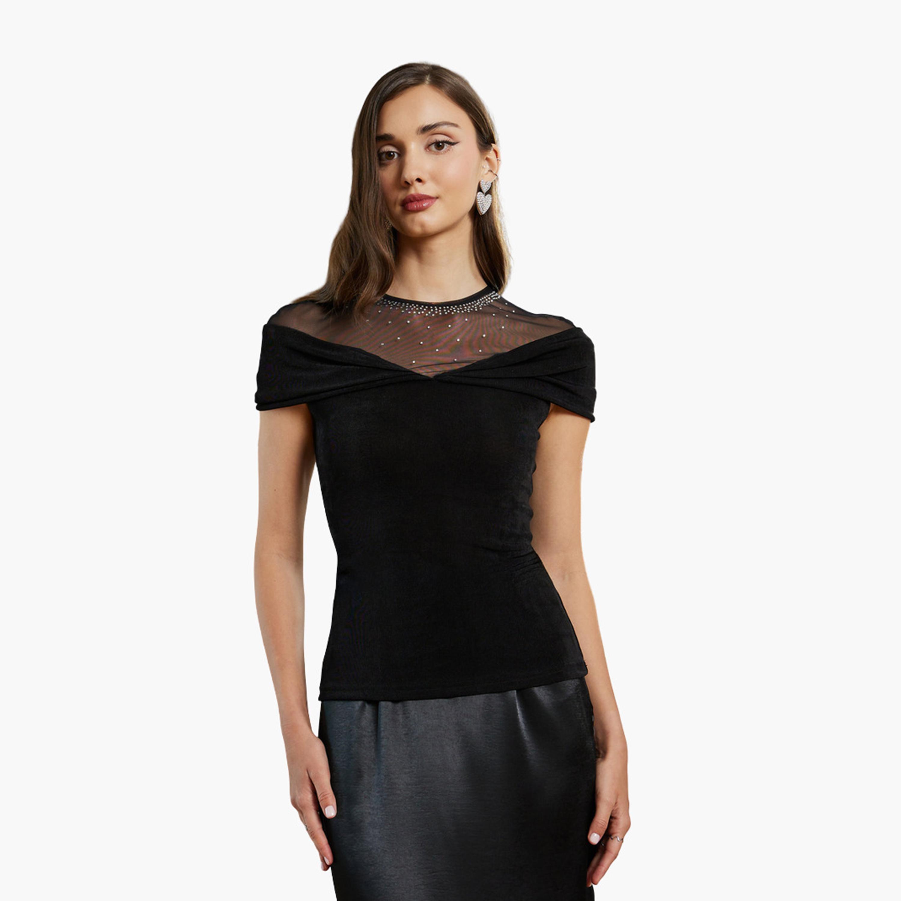 Styli Women Black Mesh Embellished Top-women-clothing-shirtsandblouses-blouses-image-1