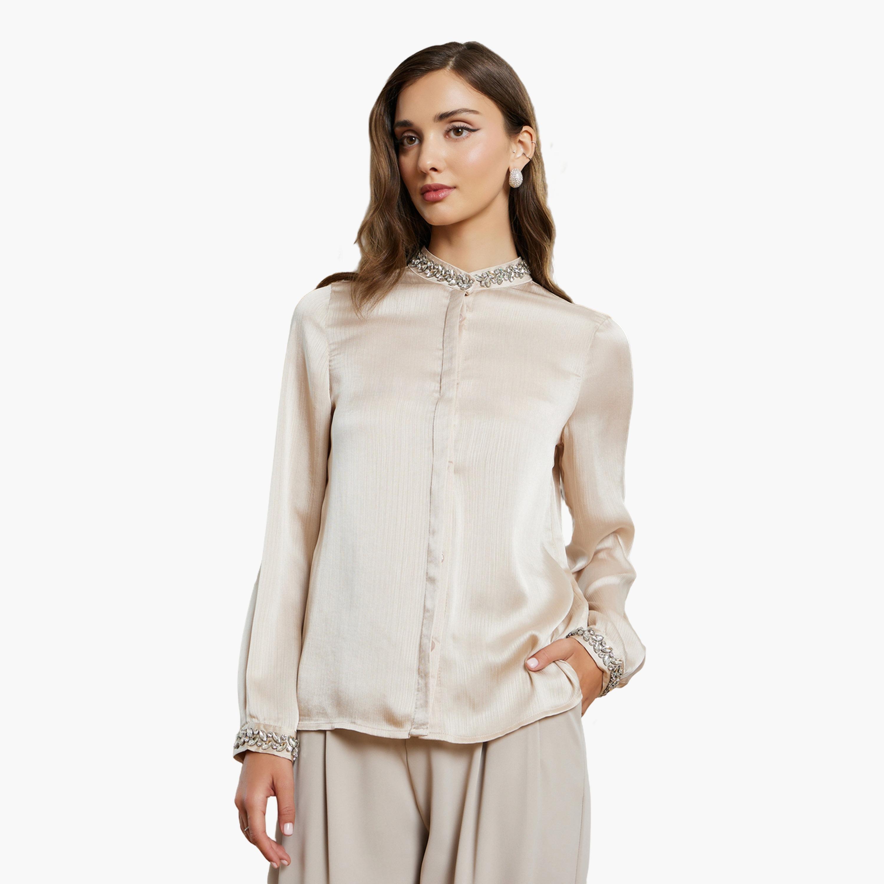 قميص بأكمام طويلة وتفاصيل مزينة-women-clothing-shirtsandblouses-blouses-image-1
