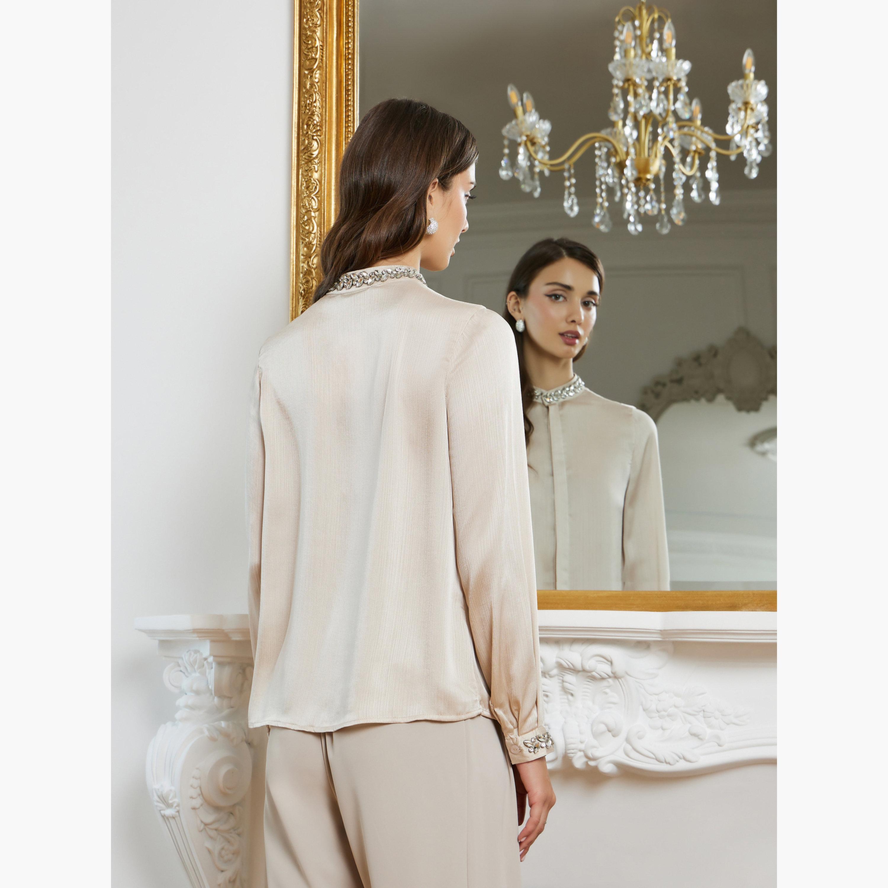 Styli Women Beige Embellished Long Sleeve Shirt-women-clothing-shirtsandblouses-blouses-image-5