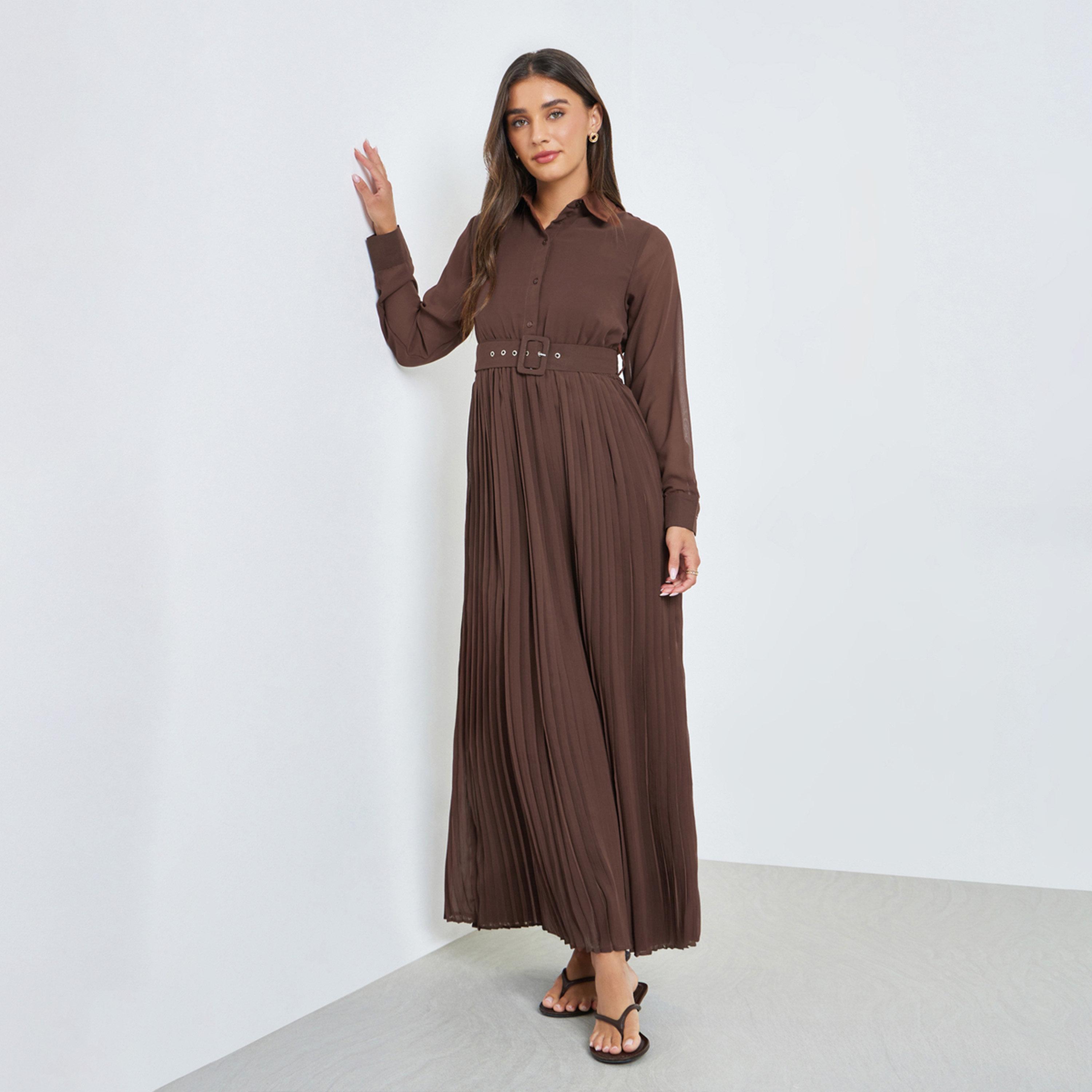 فستان طويل بكسرات مع حزام-women-clothing-dresses-image-1
