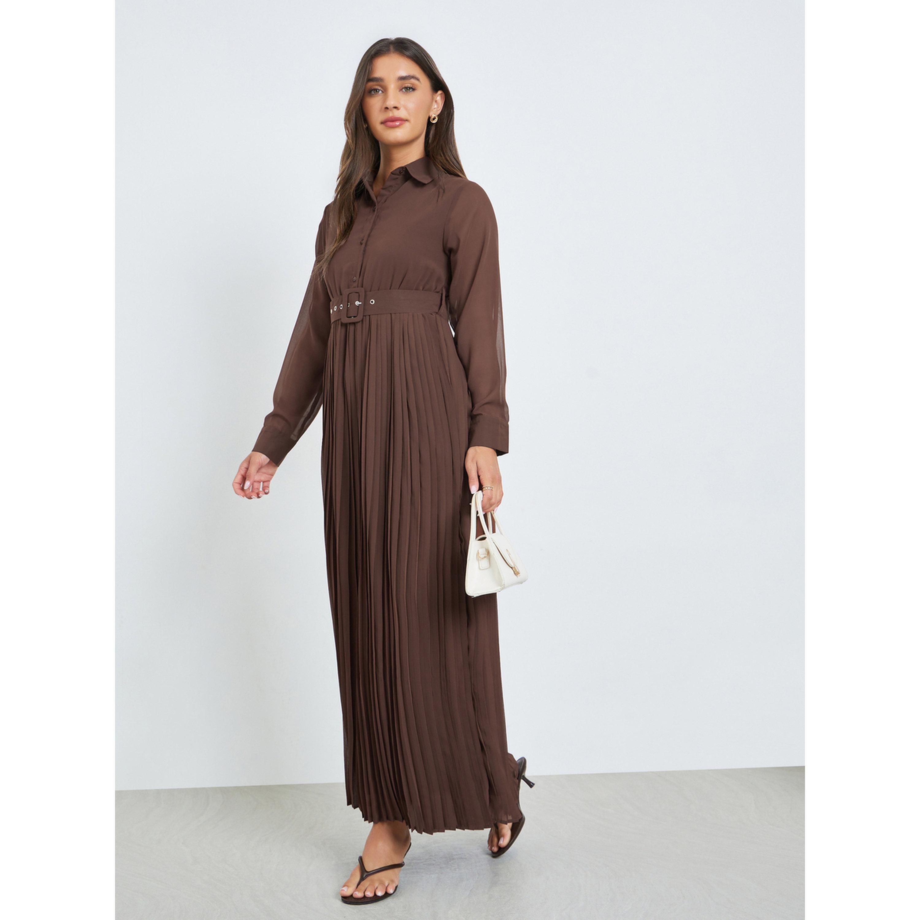 فستان طويل بكسرات مع حزام-women-clothing-dresses-image-3