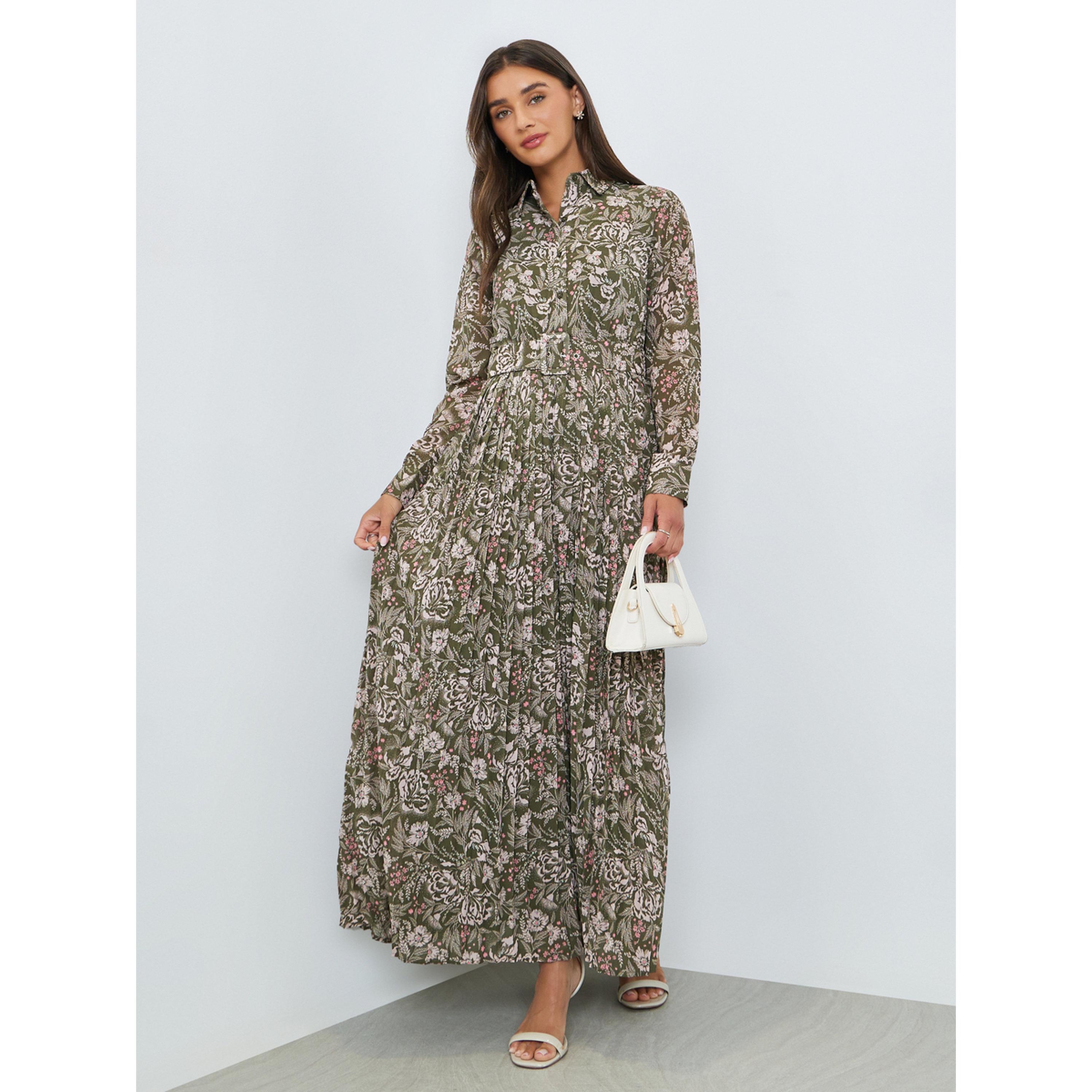 Styli Green Pleated Maxi Dress with Belt-women-clothing-dresses-image-1