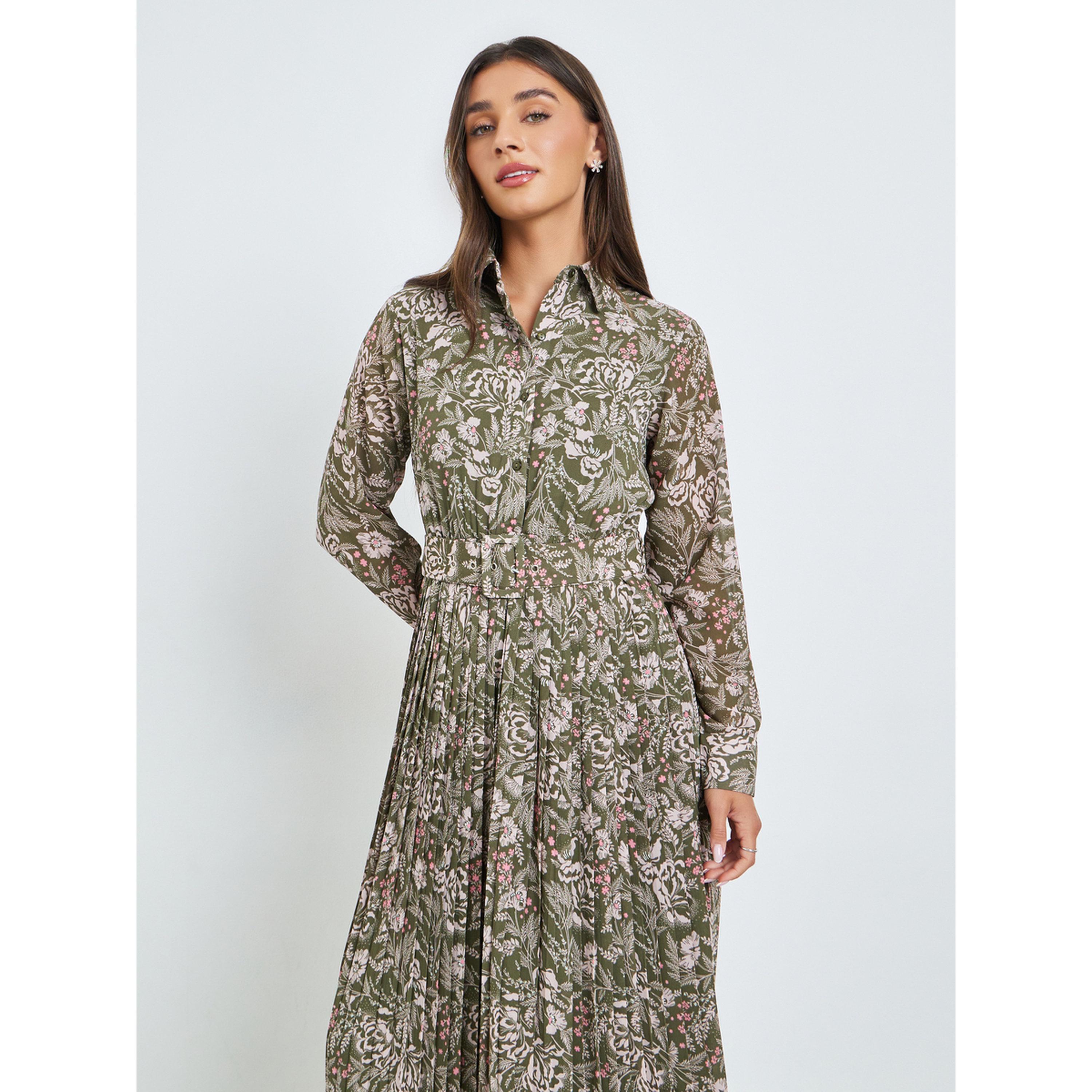 Styli Green Pleated Maxi Dress with Belt-women-clothing-dresses-image-2