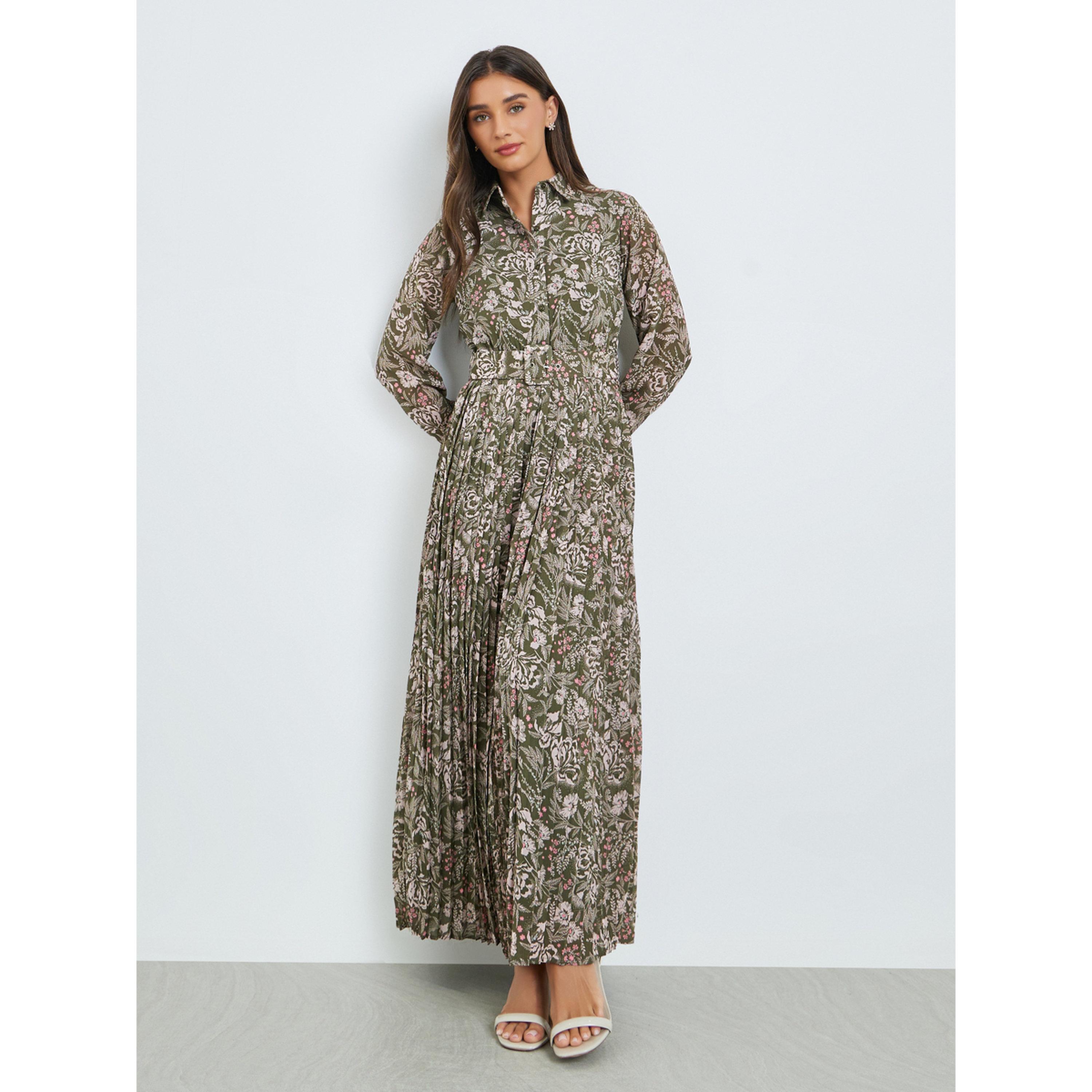 Styli Green Pleated Maxi Dress with Belt-women-clothing-dresses-image-3