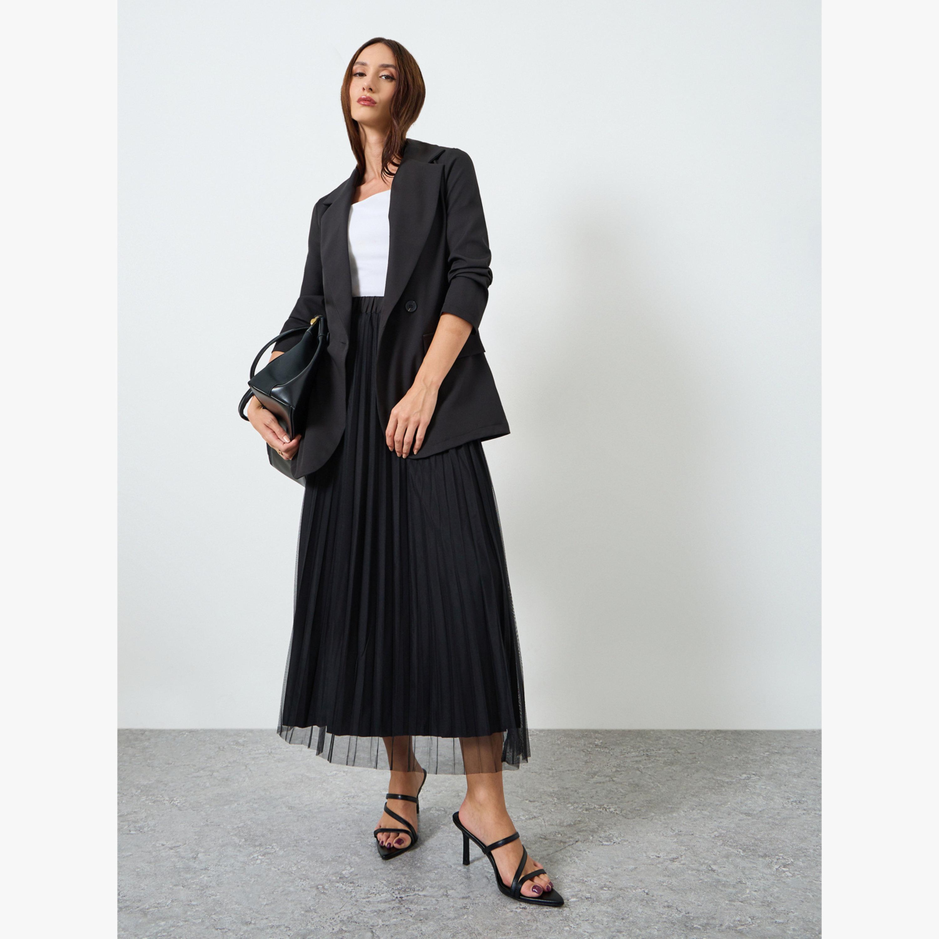 Take Two Women Lapel Button Front Blazer and Mesh Skirt Co-Ords-women-clothing-coordsets-image-1