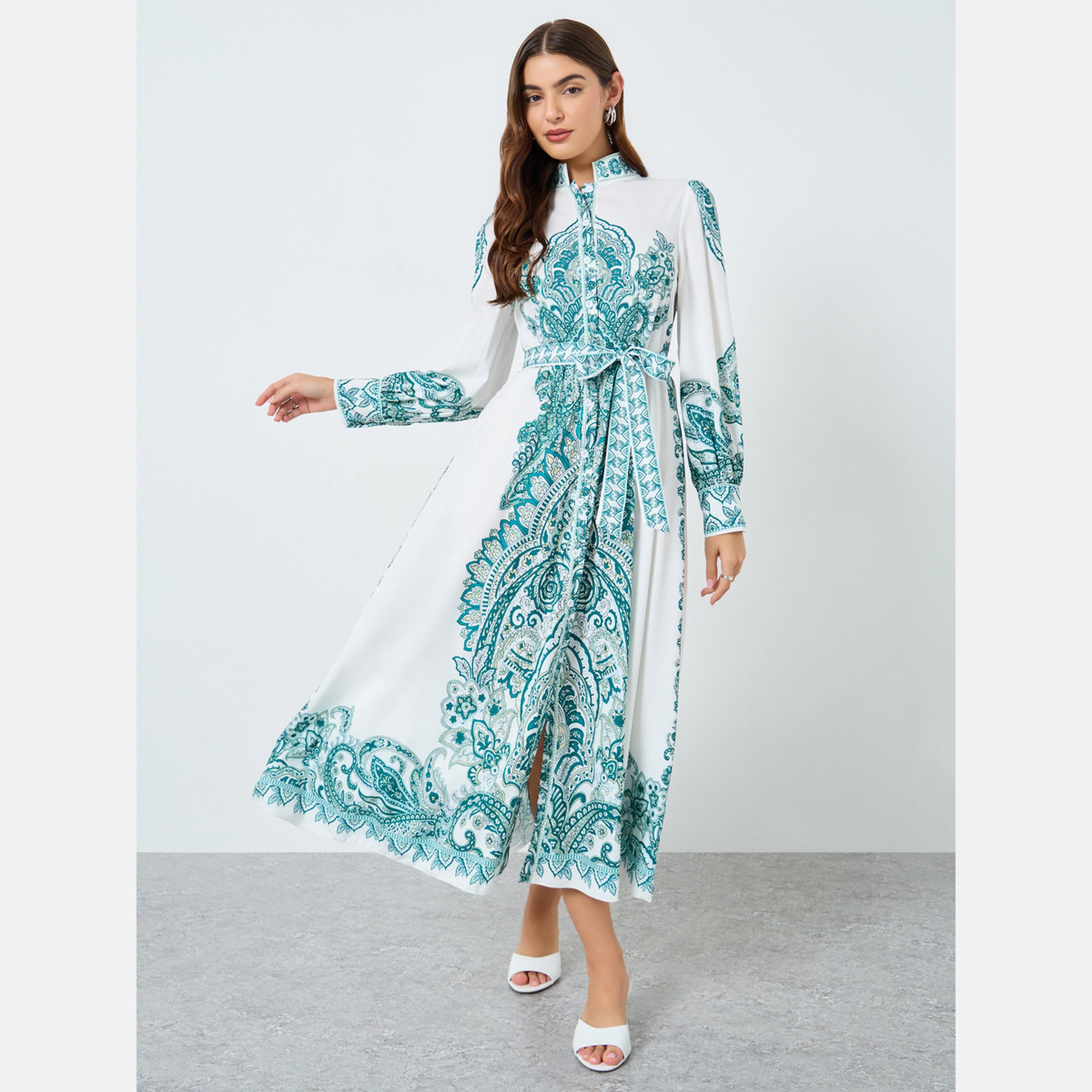تيك تو - فستان ماكسي بحزام وياقة واقفة ومطبوع بالورود-women-clothing-dresses-image-1