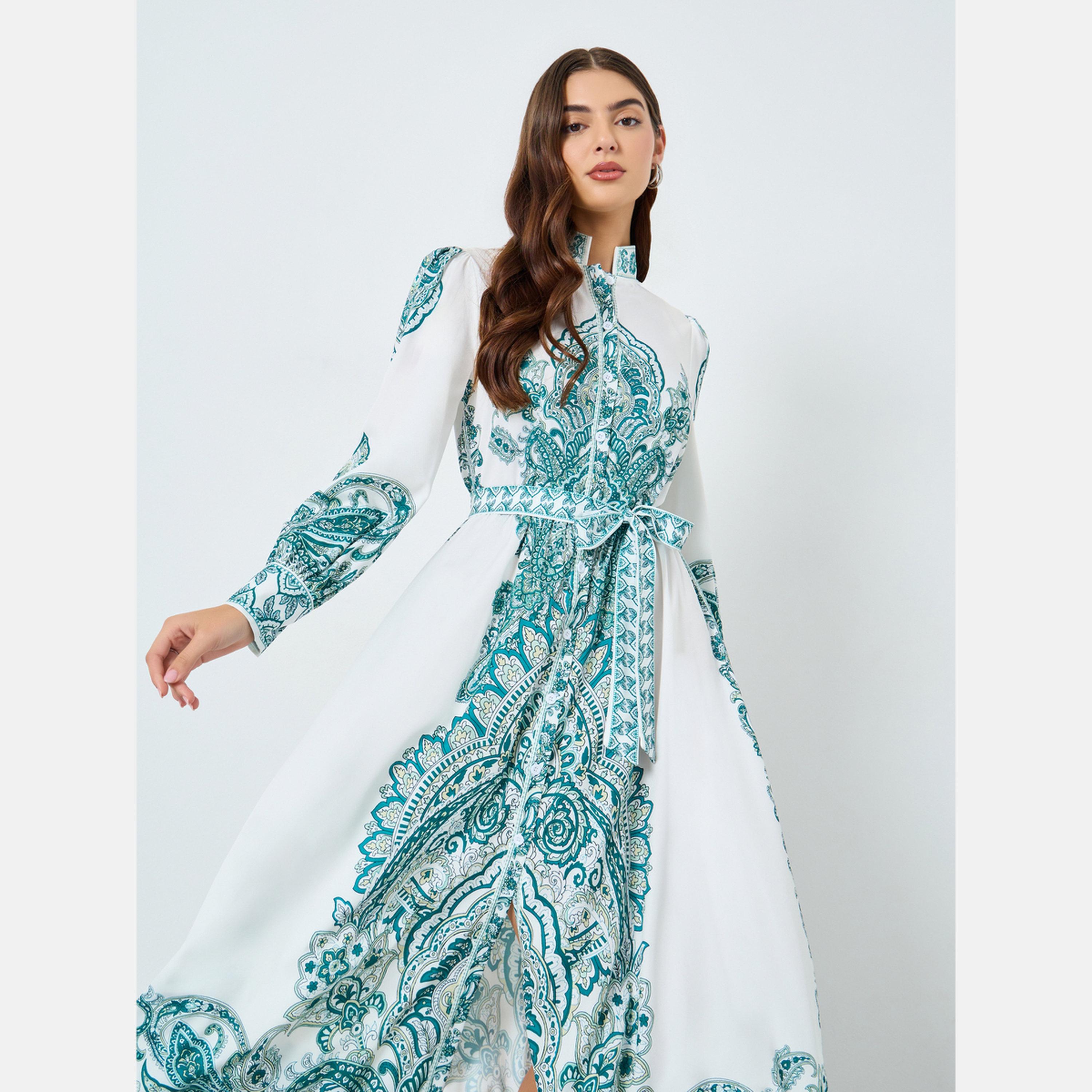 تيك تو - فستان ماكسي بحزام وياقة واقفة ومطبوع بالورود-women-clothing-dresses-image-2