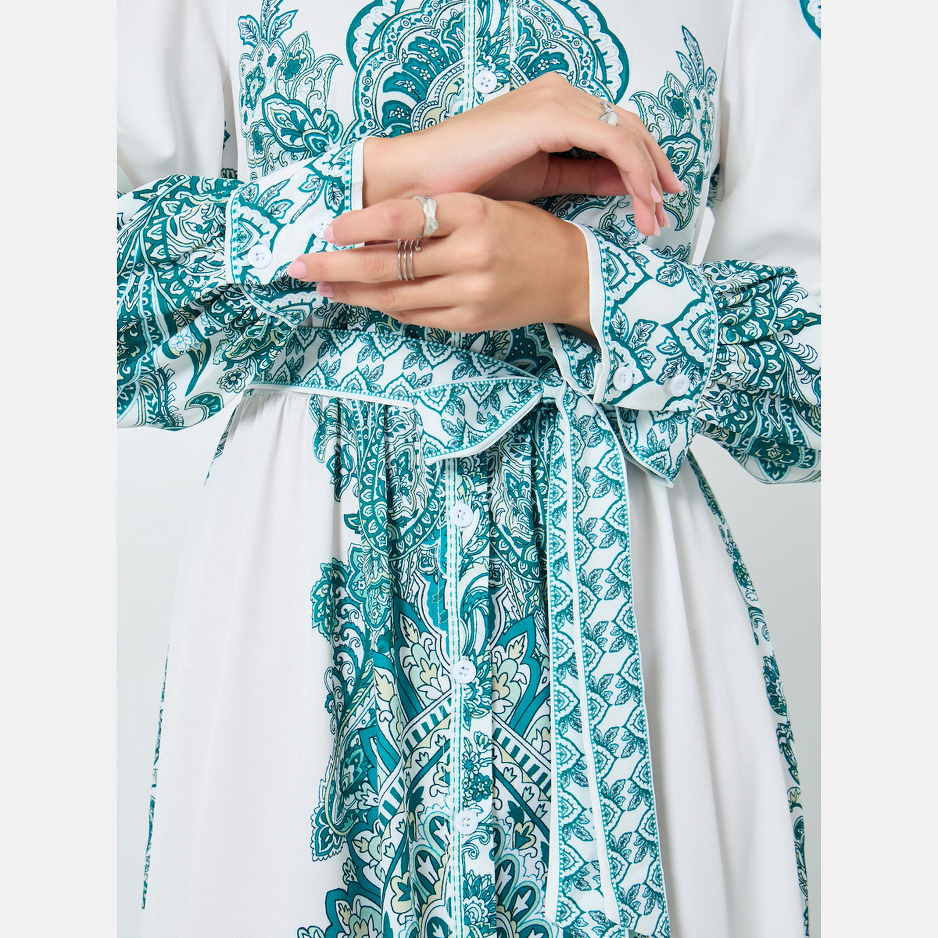 تيك تو - فستان ماكسي بحزام وياقة واقفة ومطبوع بالورود-women-clothing-dresses-image-3