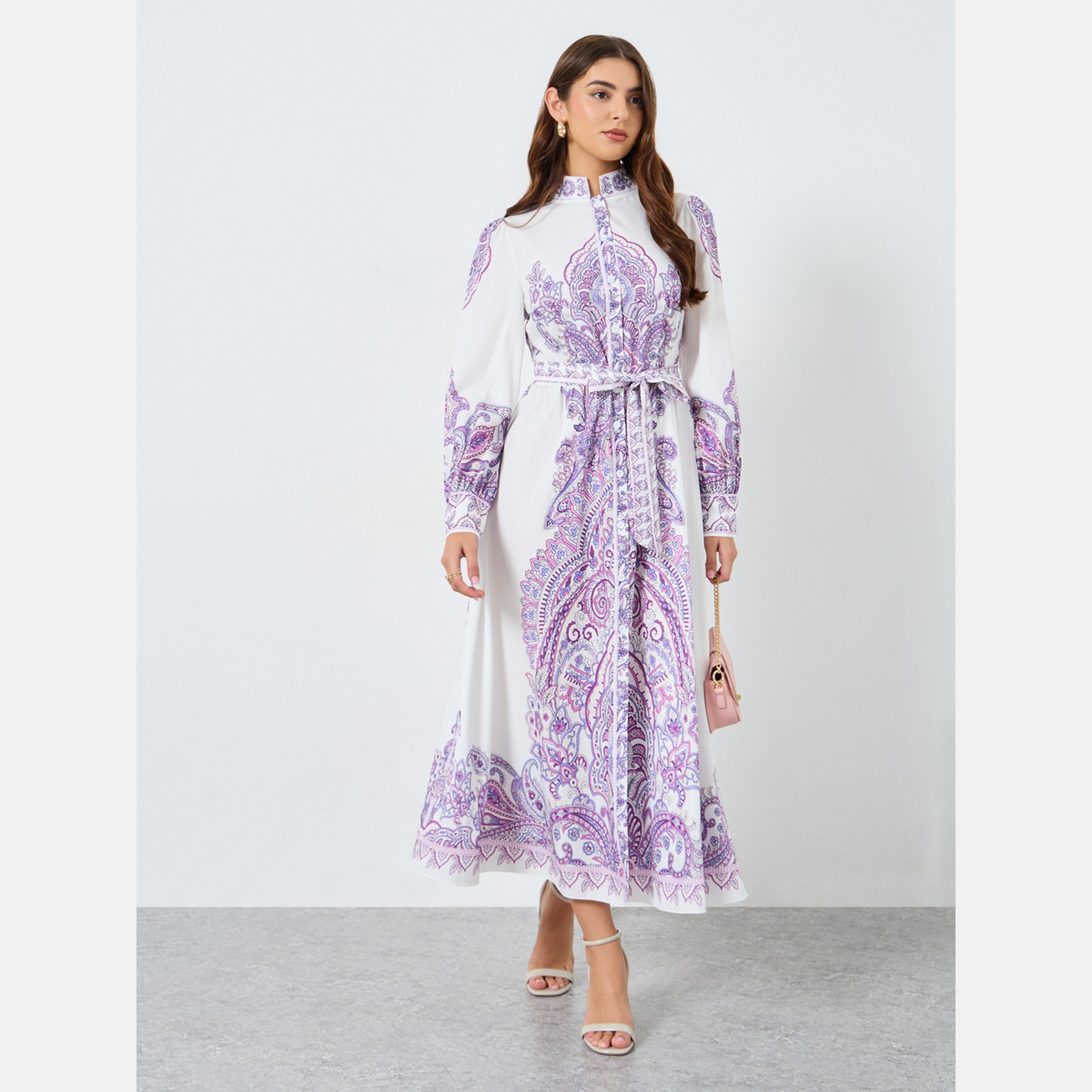 تيك تو - فستان ماكسي بحزام وياقة واقفة ومطبوع بالورود-women-clothing-dresses-image-1