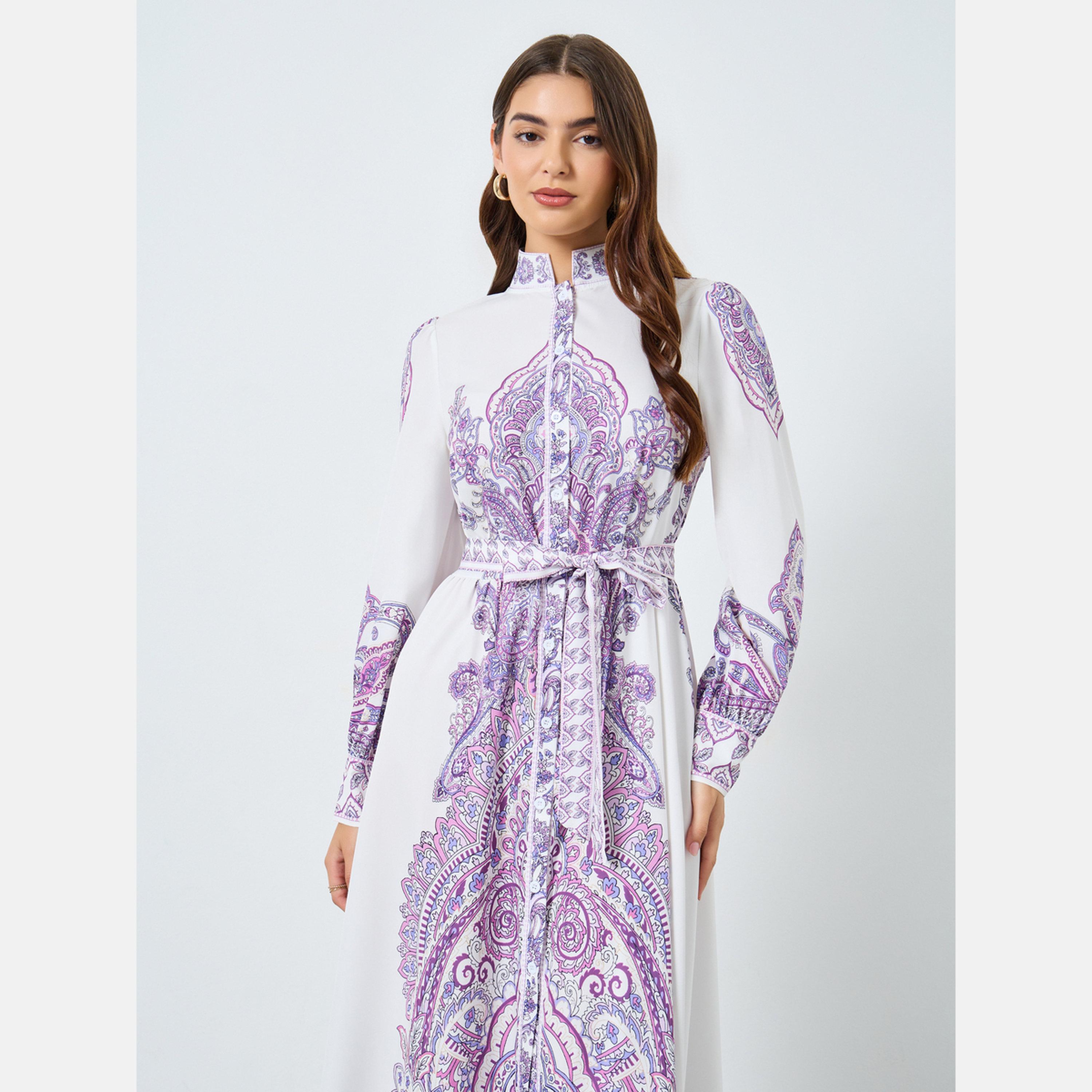 تيك تو - فستان ماكسي بحزام وياقة واقفة ومطبوع بالورود-women-clothing-dresses-image-2