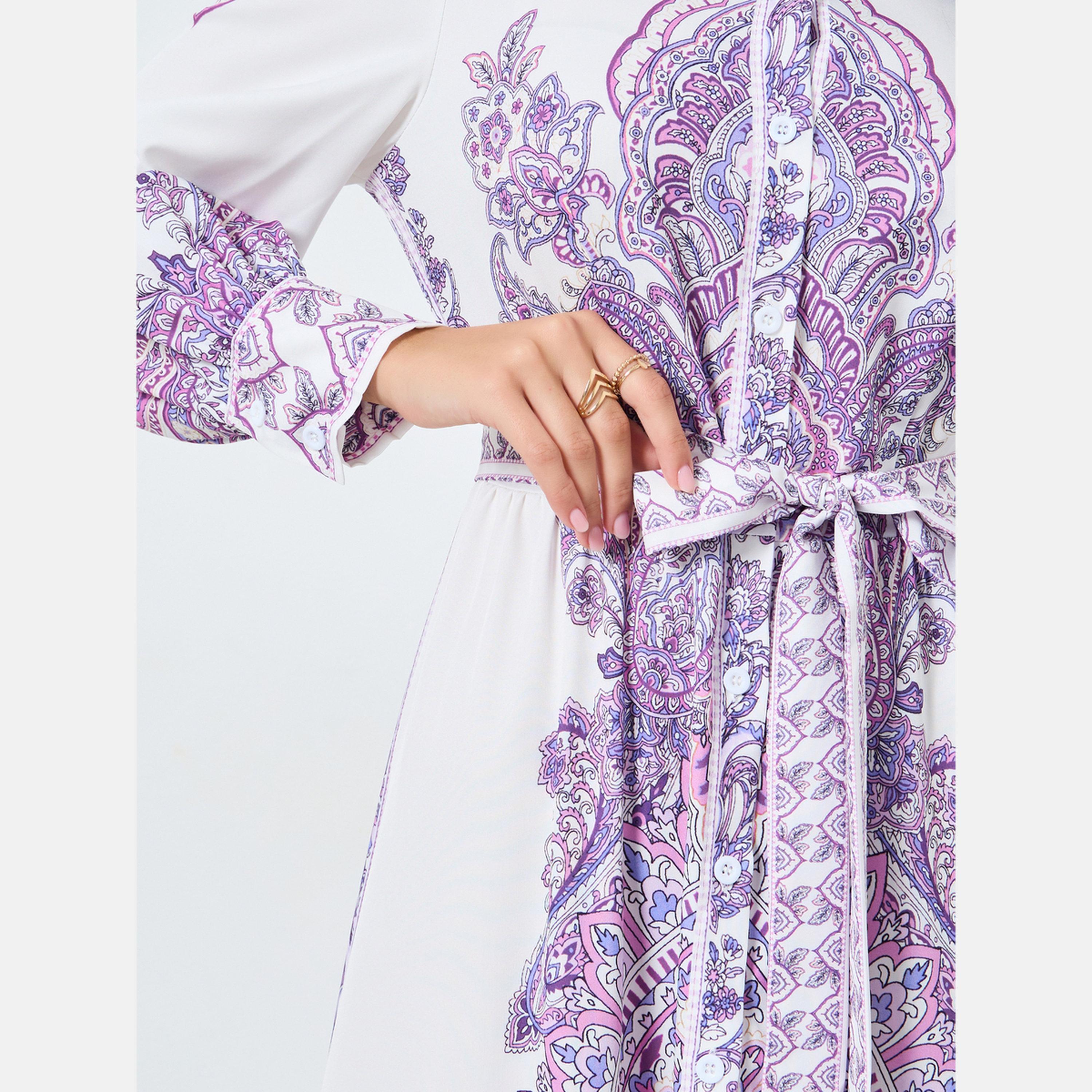 تيك تو - فستان ماكسي بحزام وياقة واقفة ومطبوع بالورود-women-clothing-dresses-image-3