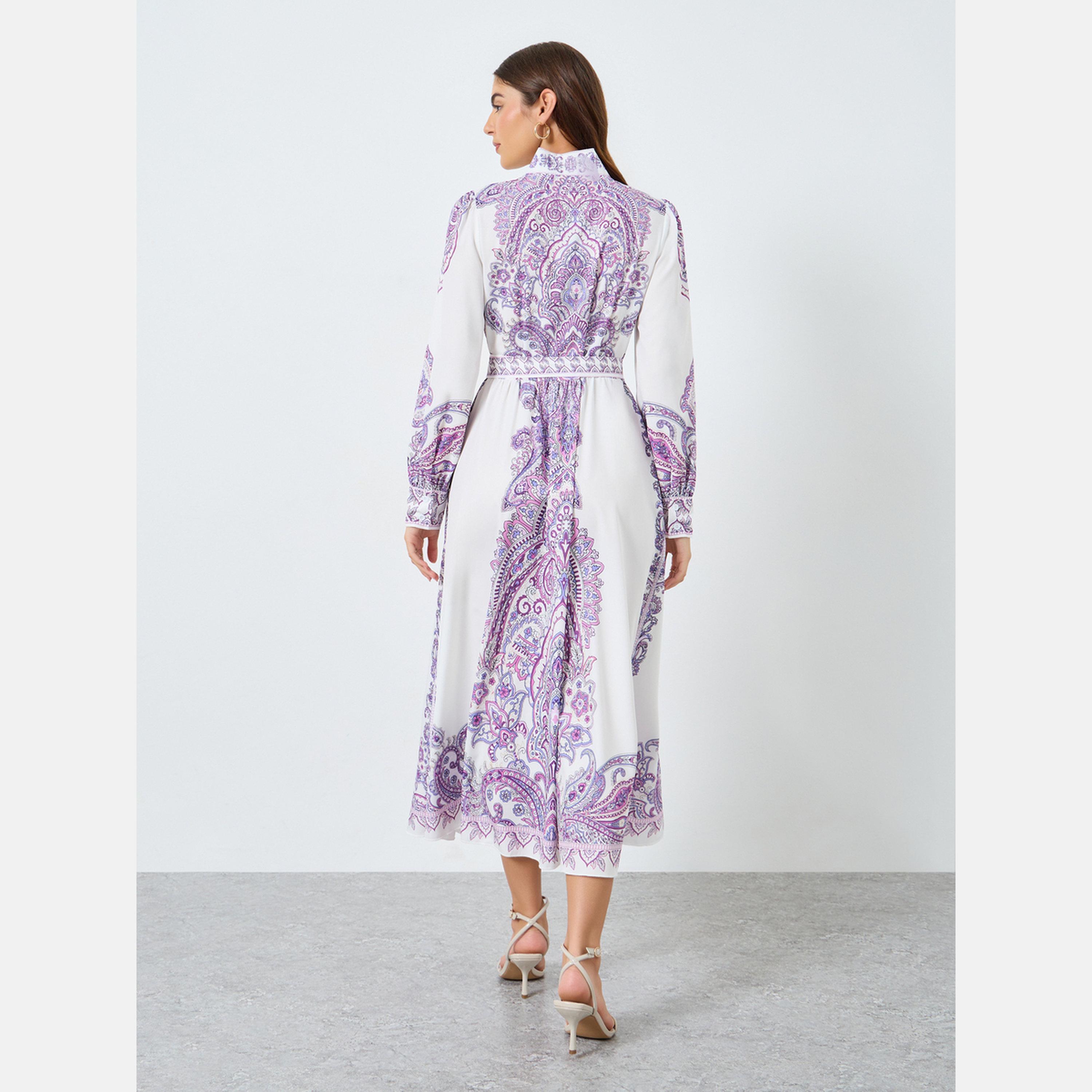 تيك تو - فستان ماكسي بحزام وياقة واقفة ومطبوع بالورود-women-clothing-dresses-image-4