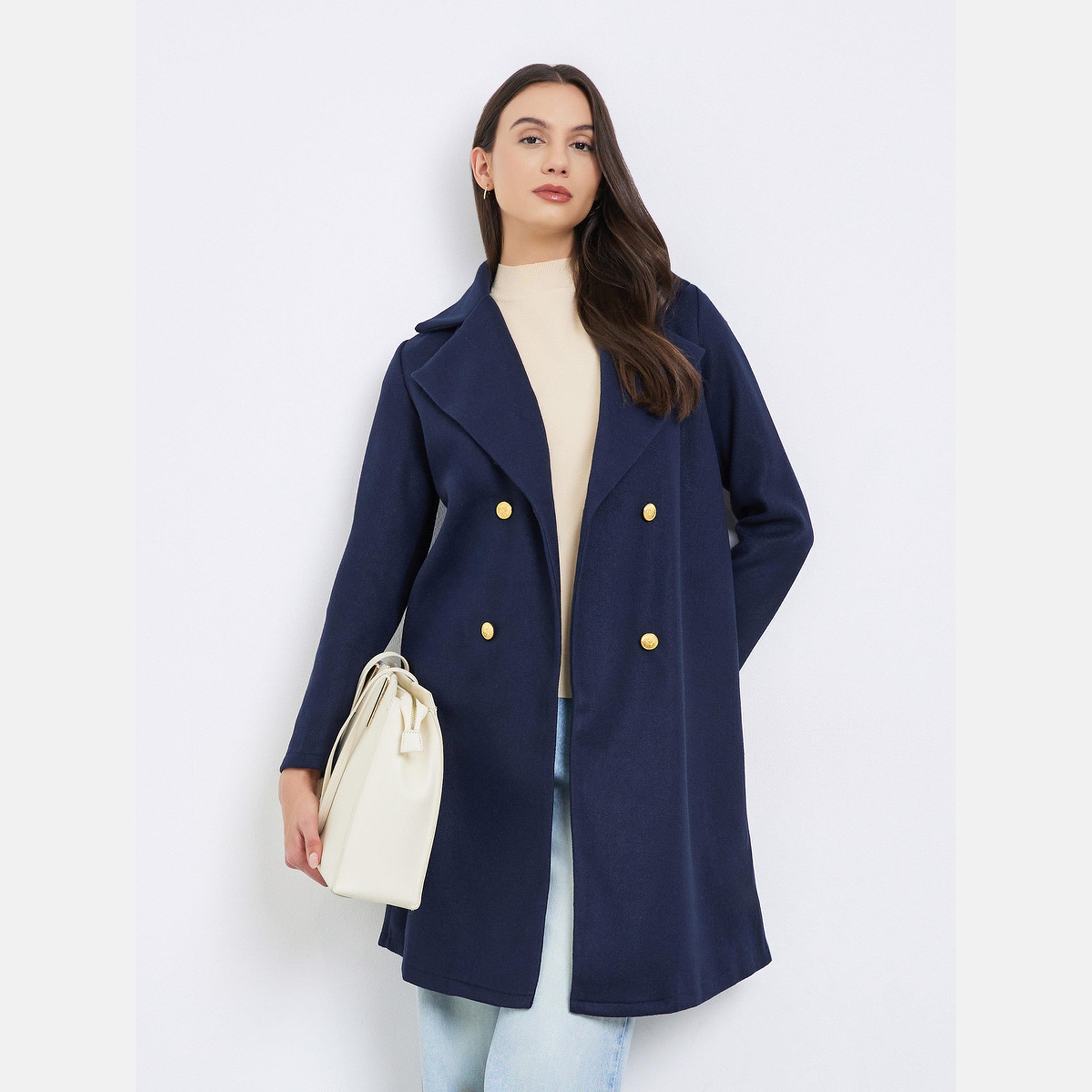تيك تو - معطف نسائي أزرق داكن بأكمام طويلة وياقة مطوية وأزرار متوسطة الطول-women-winterwear-coatsandjackets-coats-image-1