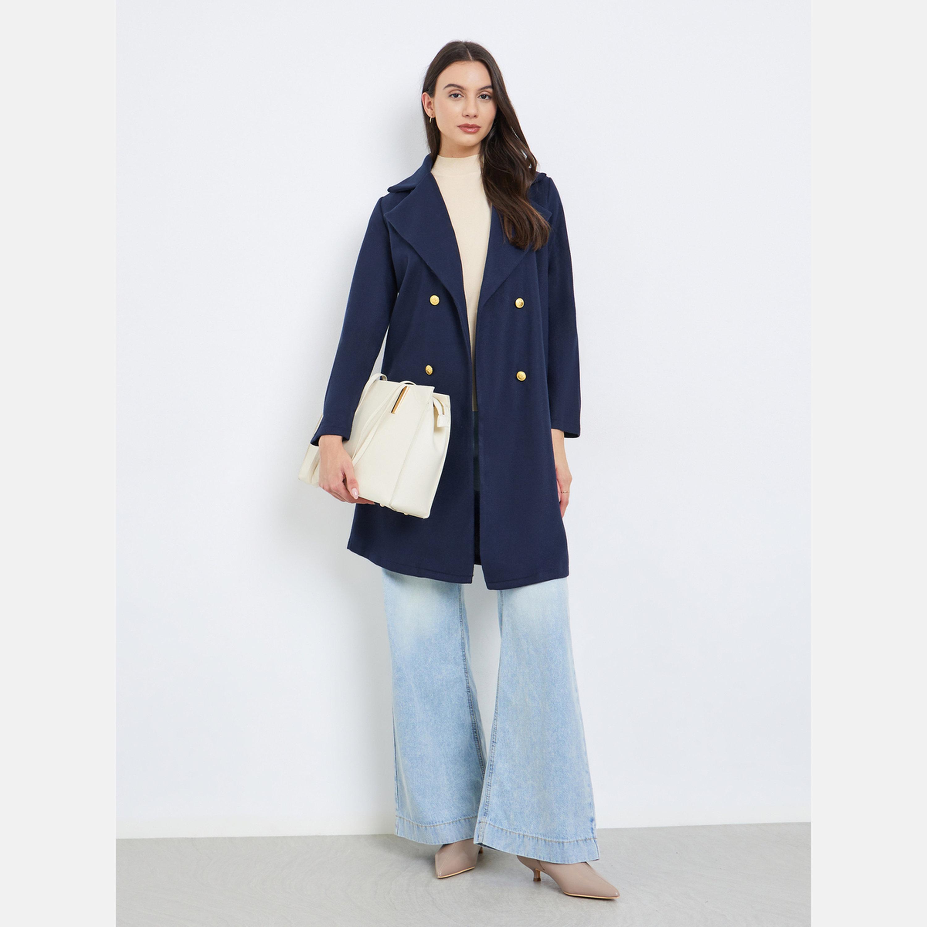 تيك تو - معطف نسائي أزرق داكن بأكمام طويلة وياقة مطوية وأزرار متوسطة الطول-women-winterwear-coatsandjackets-coats-image-2